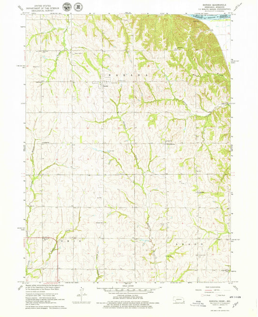 Classic USGS Barada Nebraska 7.5'x7.5' Topo Map Image