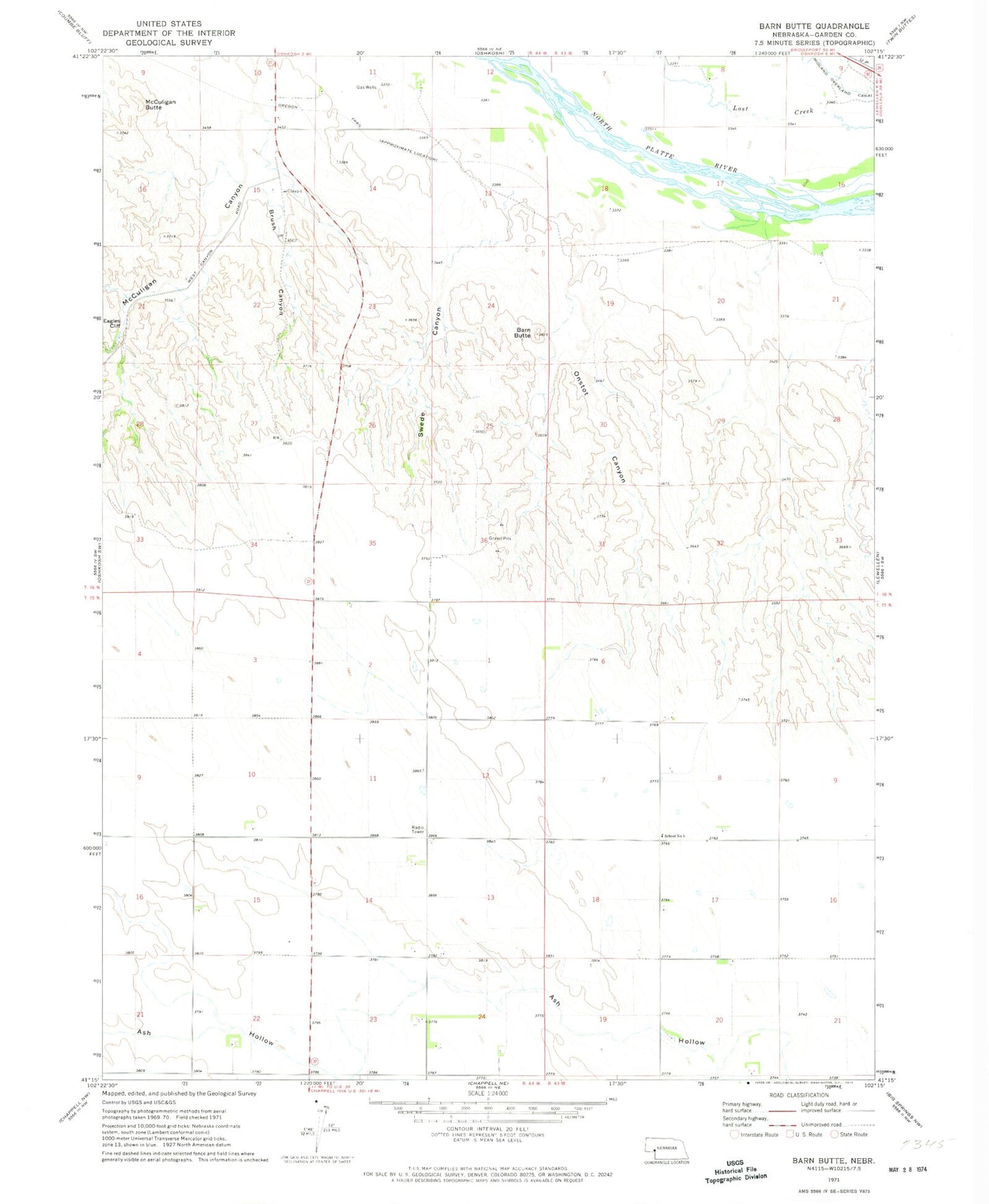 Classic USGS Barn Butte Nebraska 7.5'x7.5' Topo Map Image