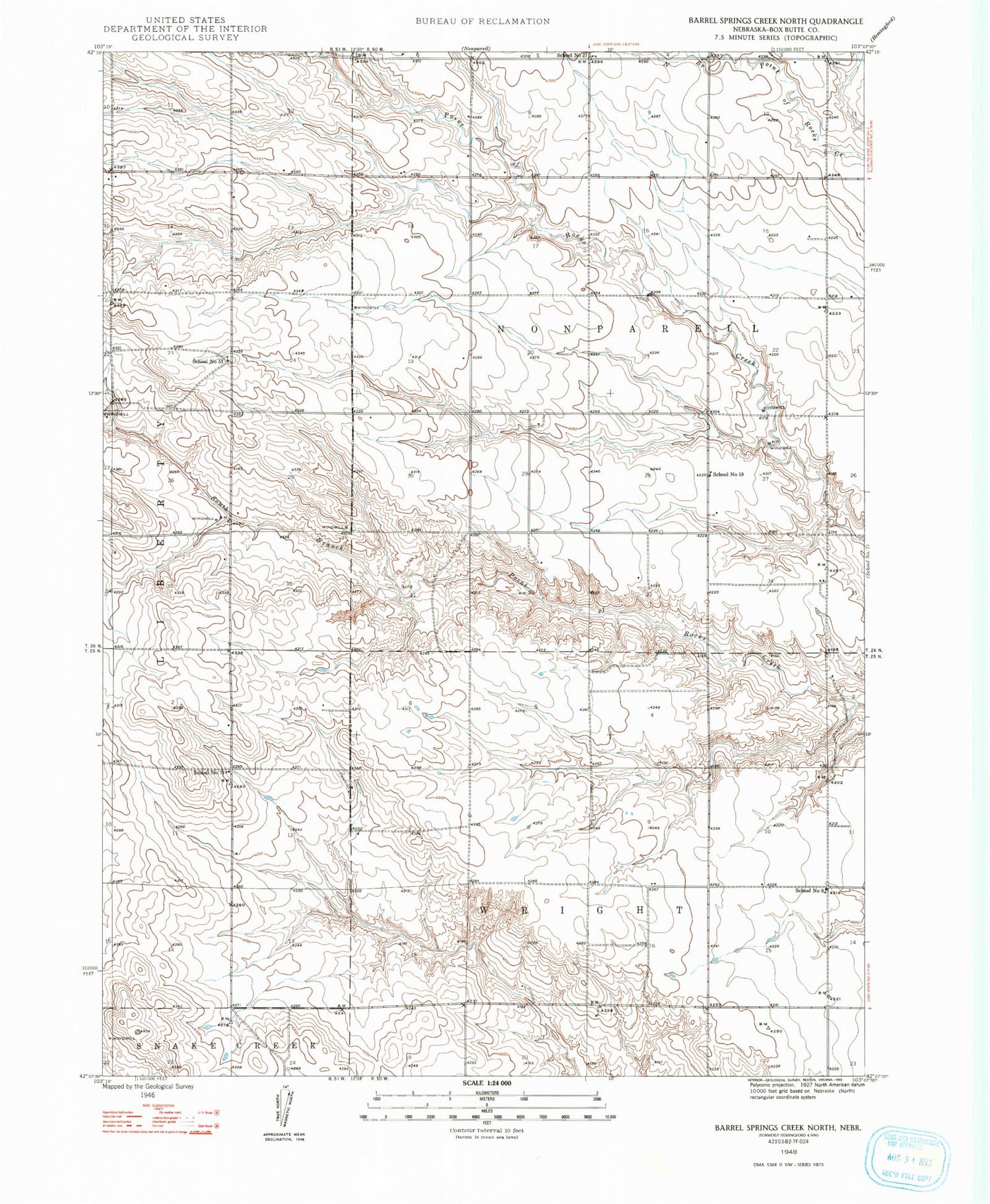 Classic USGS Barrel Springs Creek North Nebraska 7.5'x7.5' Topo Map Image