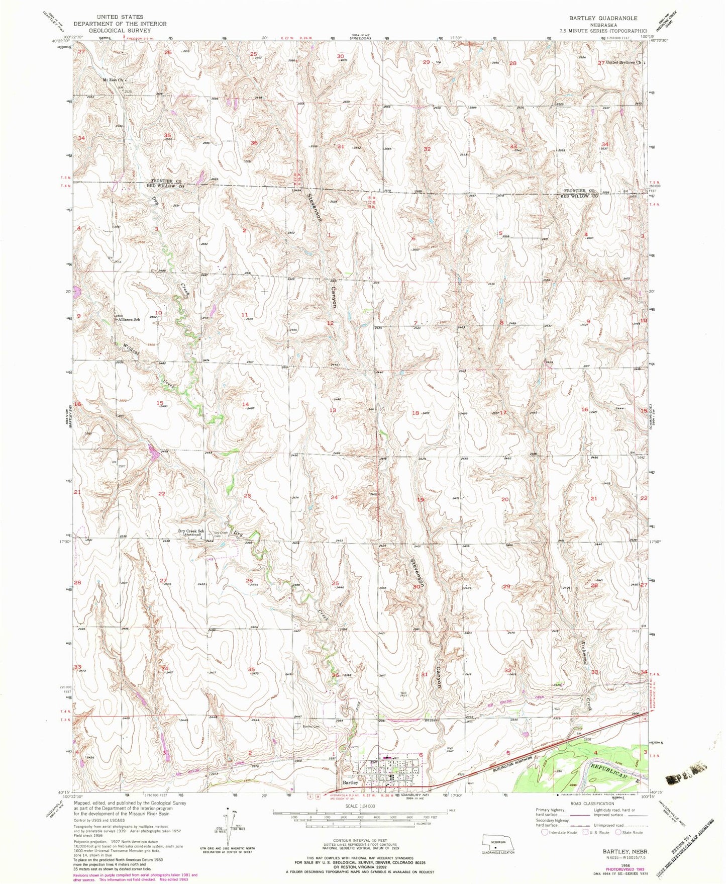 Classic USGS Bartley Nebraska 7.5'x7.5' Topo Map Image
