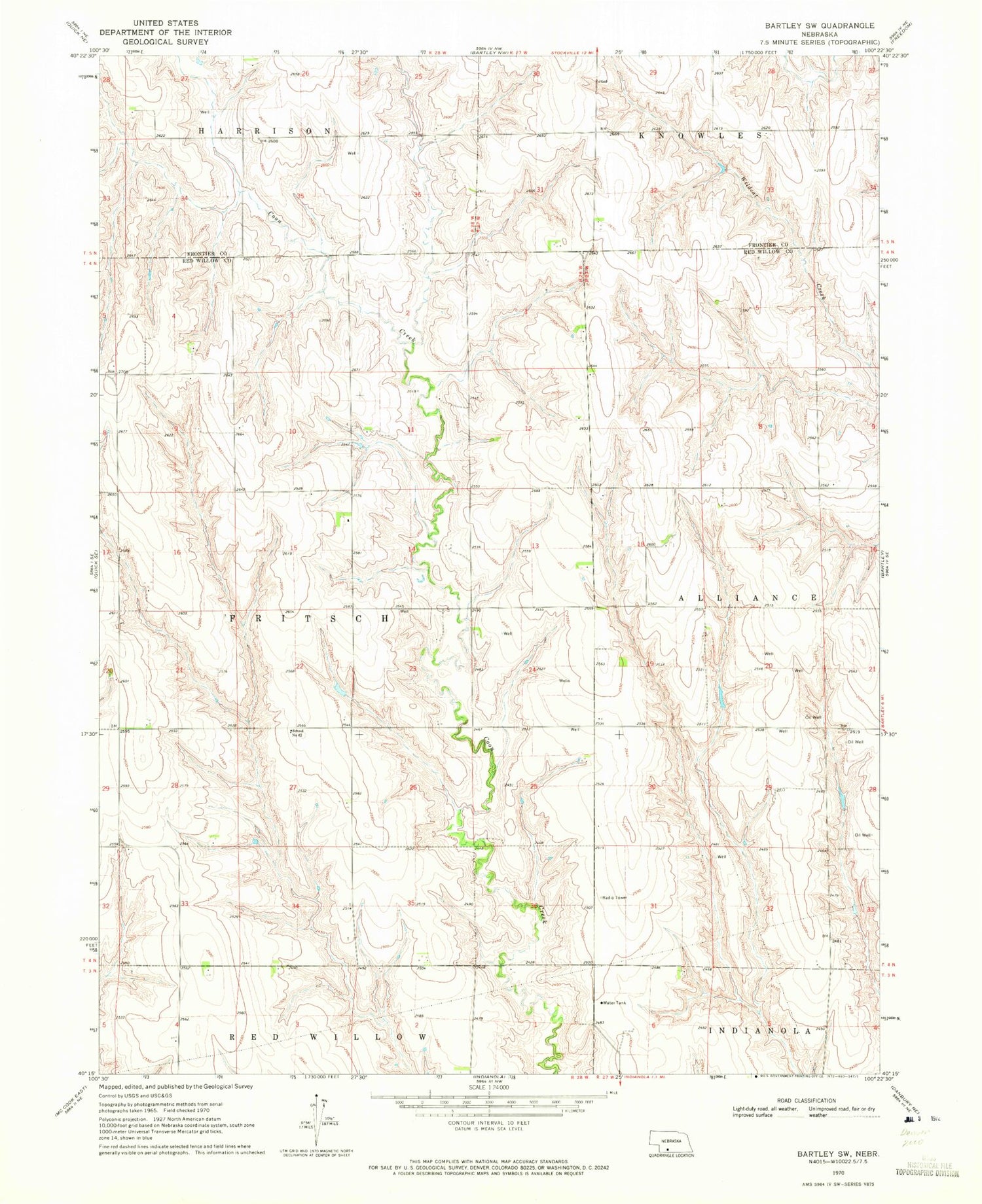 Classic USGS Bartley SW Nebraska 7.5'x7.5' Topo Map Image
