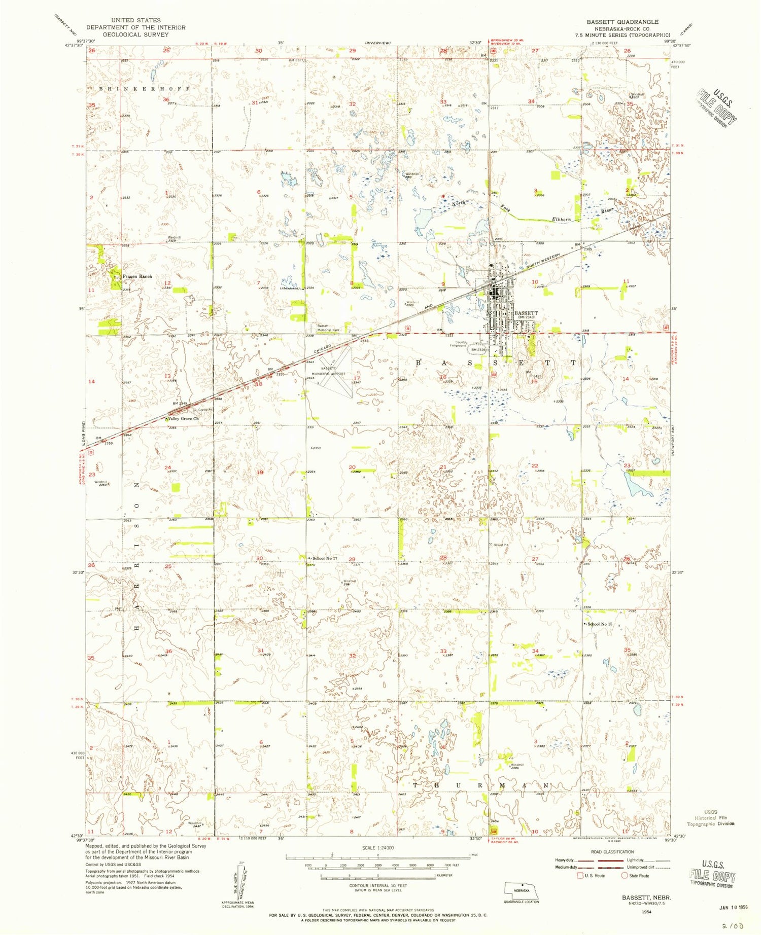 Classic USGS Bassett Nebraska 7.5'x7.5' Topo Map Image