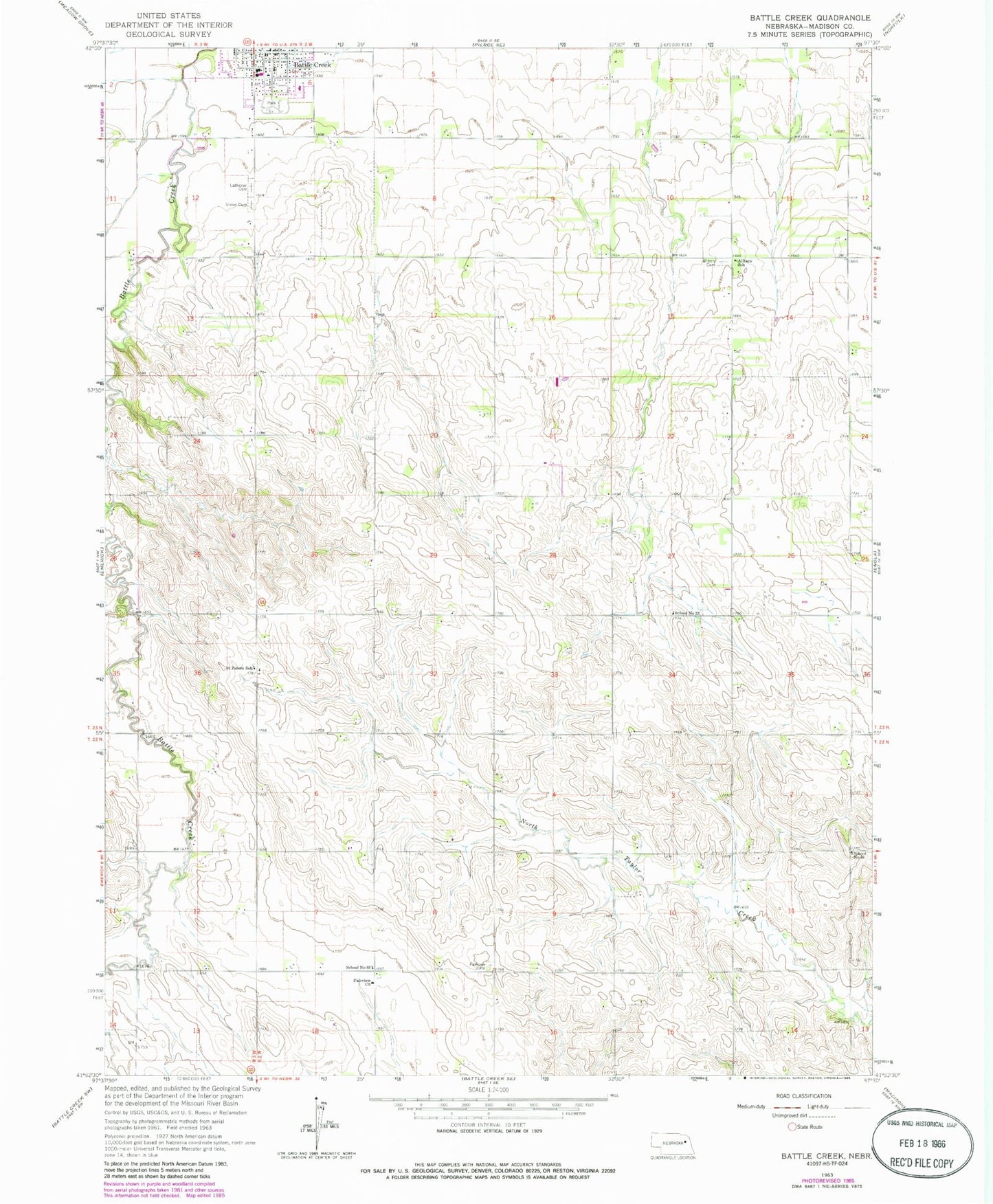 Classic USGS Battle Creek Nebraska 7.5'x7.5' Topo Map Image