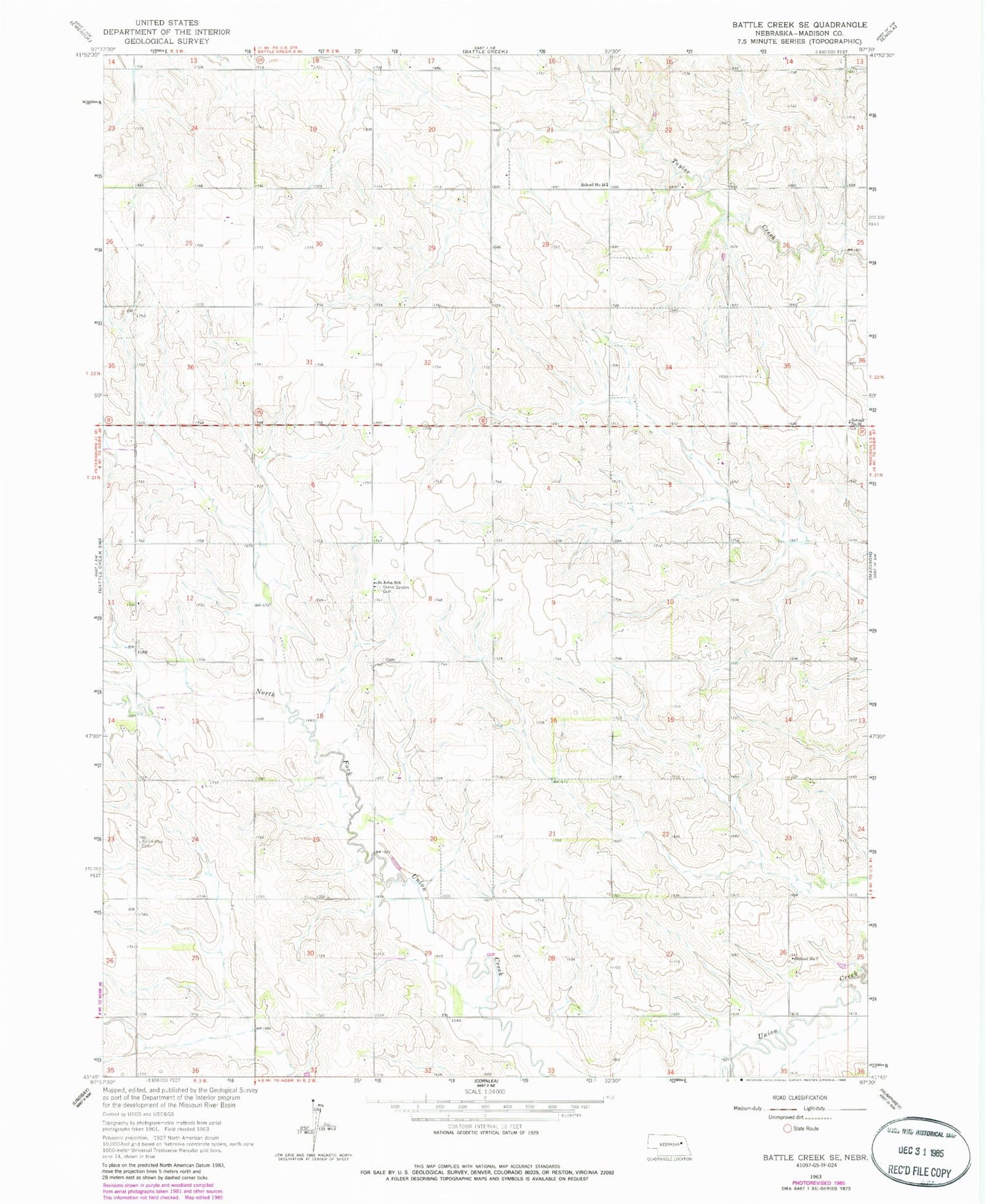 Classic USGS Battle Creek SE Nebraska 7.5'x7.5' Topo Map Image