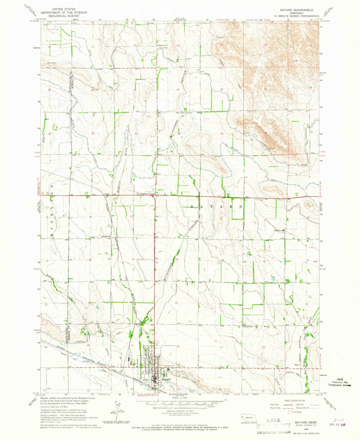 Classic USGS Bayard Nebraska 7.5'x7.5' Topo Map Image