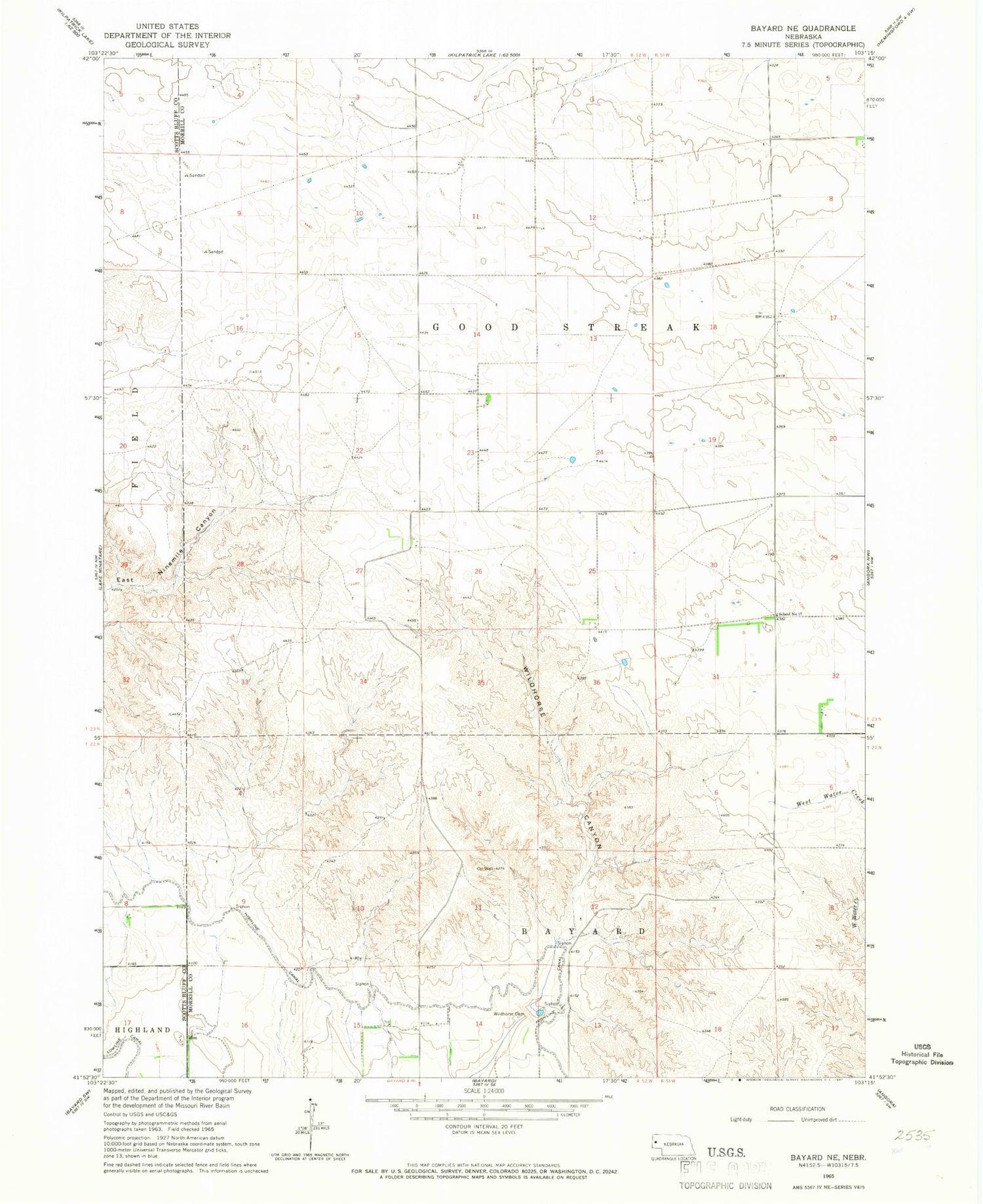 Classic USGS Bayard NE Nebraska 7.5'x7.5' Topo Map Image