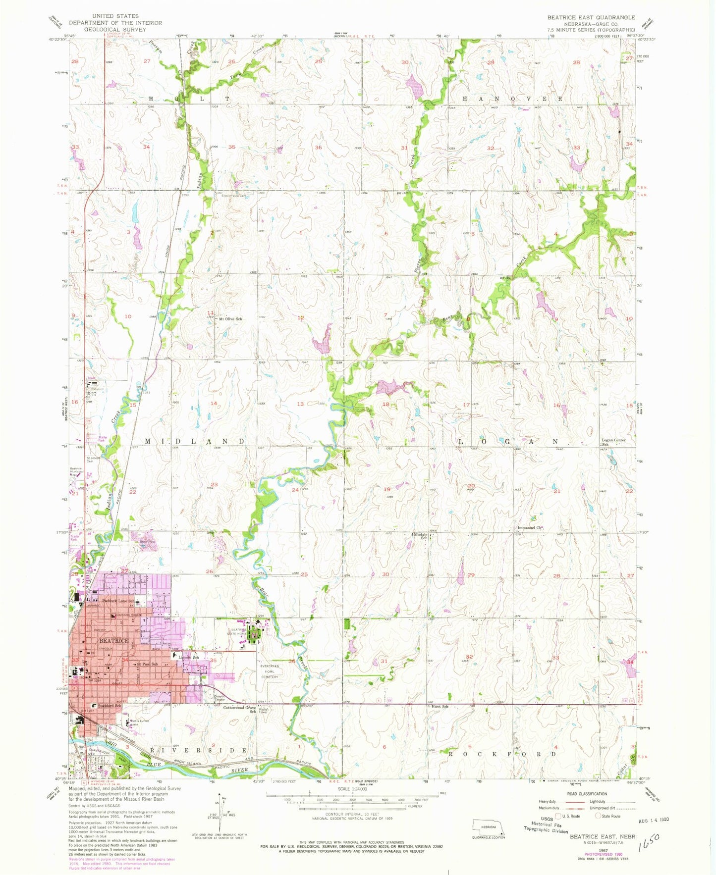 Classic USGS Beatrice East Nebraska 7.5'x7.5' Topo Map Image