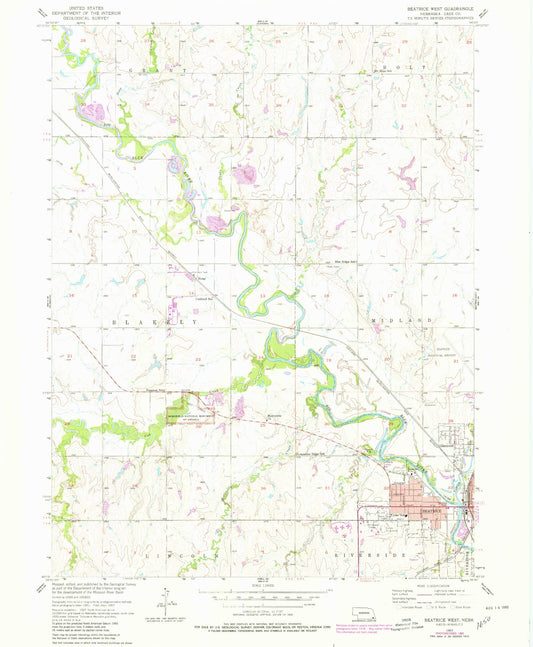 Classic USGS Beatrice West Nebraska 7.5'x7.5' Topo Map Image