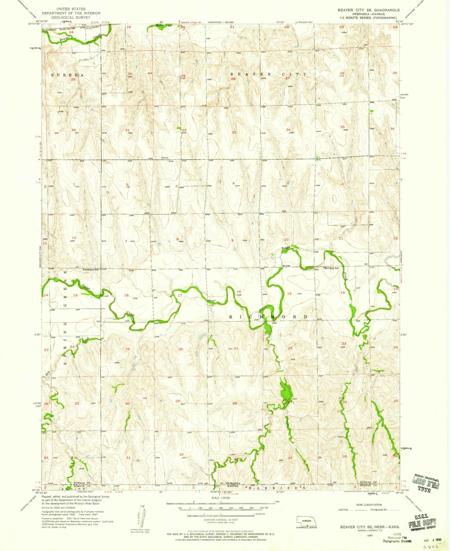 Classic USGS Beaver City SE Nebraska 7.5'x7.5' Topo Map Image