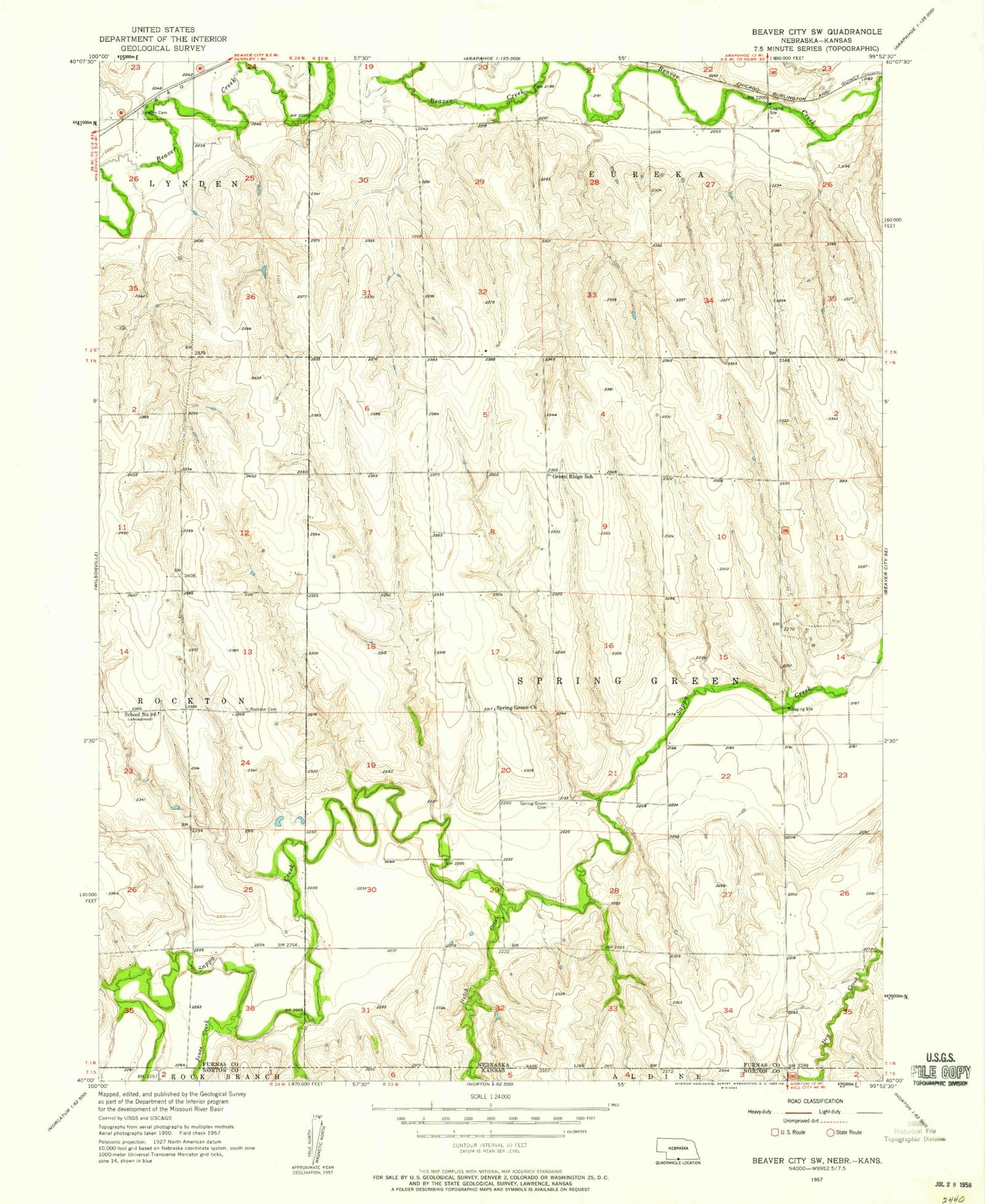 Classic USGS Beaver City SW Nebraska 7.5'x7.5' Topo Map Image