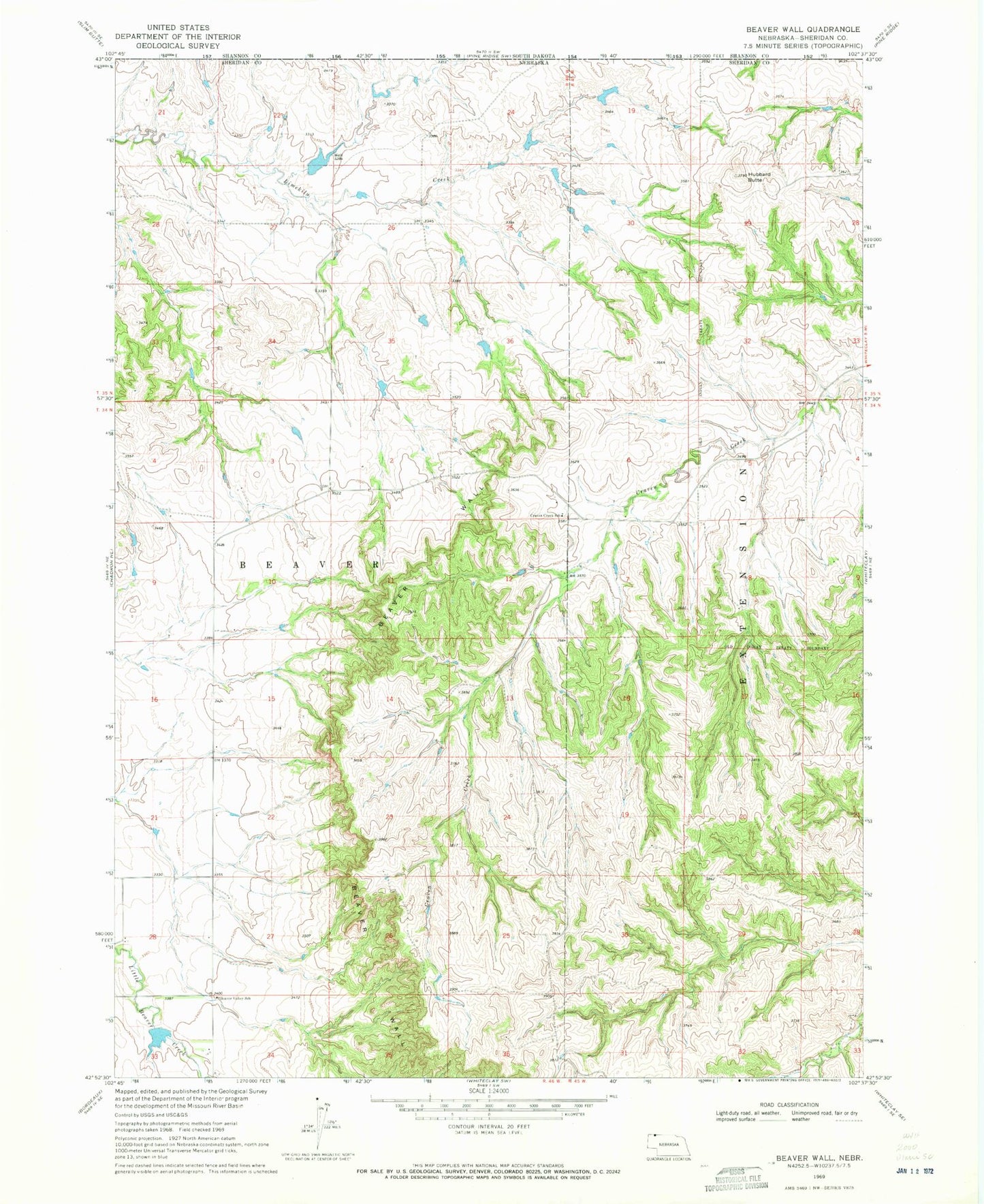 Classic USGS Beaver Wall Nebraska 7.5'x7.5' Topo Map Image