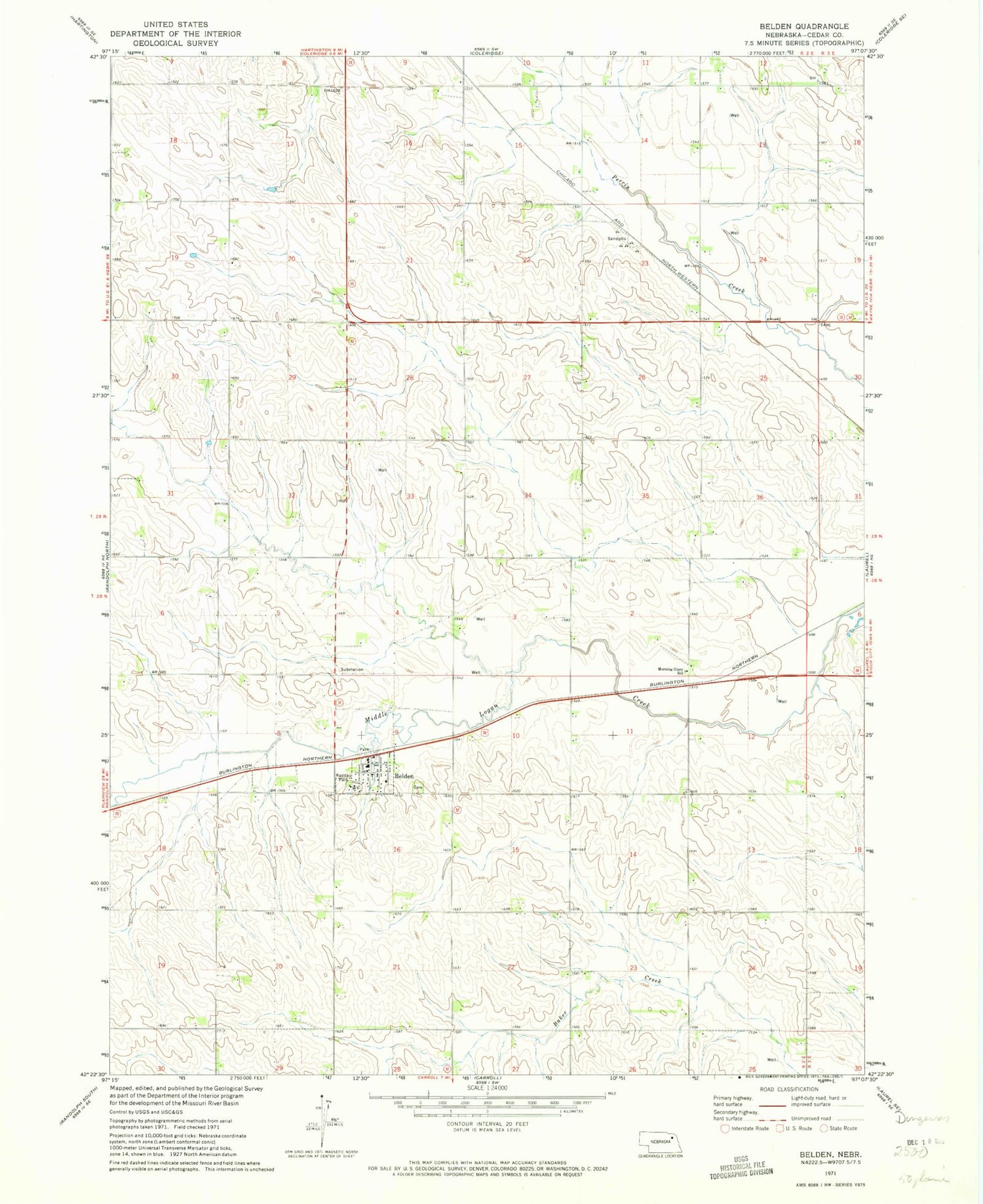 Classic USGS Belden Nebraska 7.5'x7.5' Topo Map Image