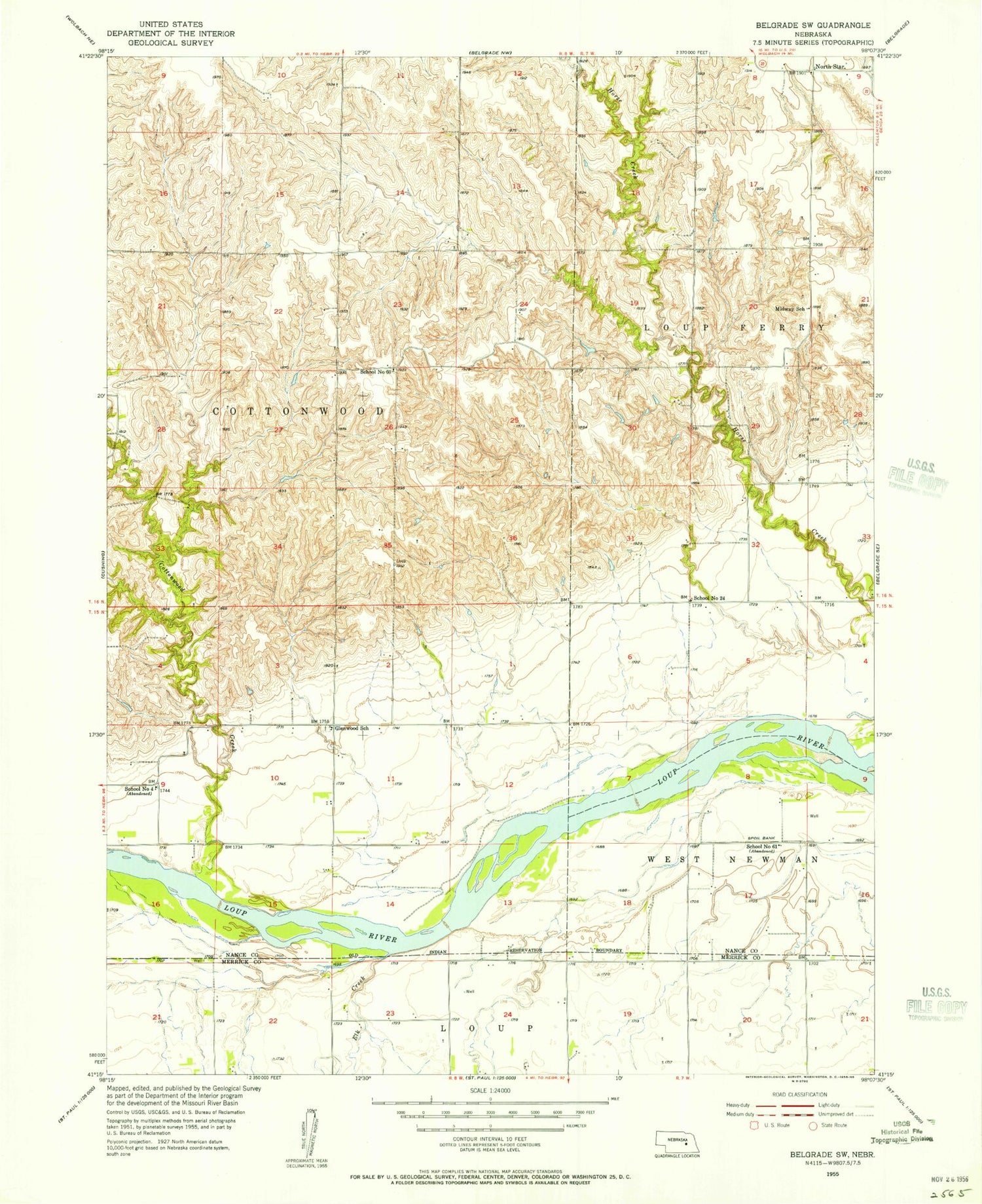 Classic USGS Belgrade SW Nebraska 7.5'x7.5' Topo Map Image