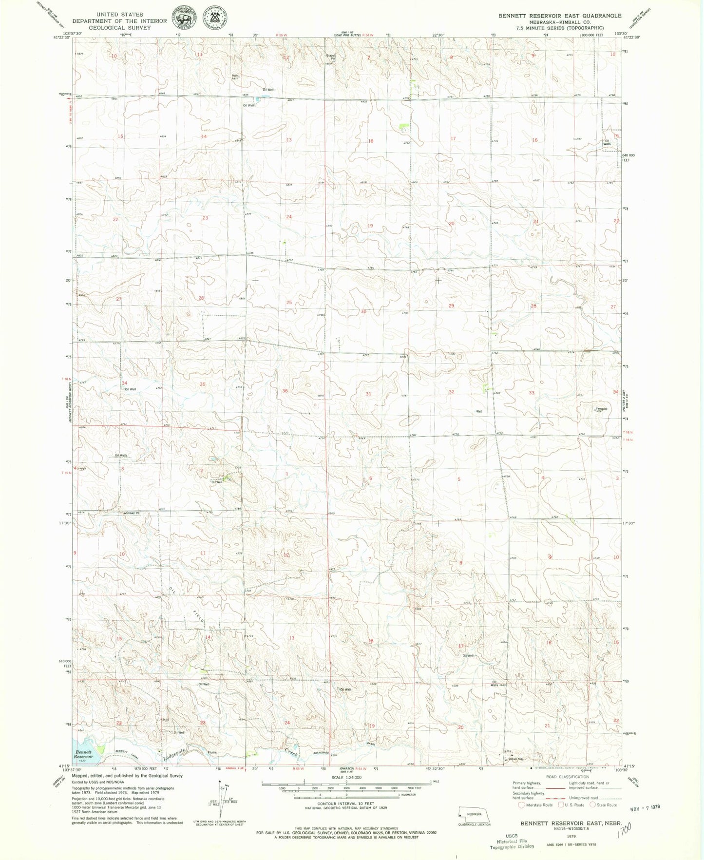 Classic USGS Bennett Reservoir East Nebraska 7.5'x7.5' Topo Map Image