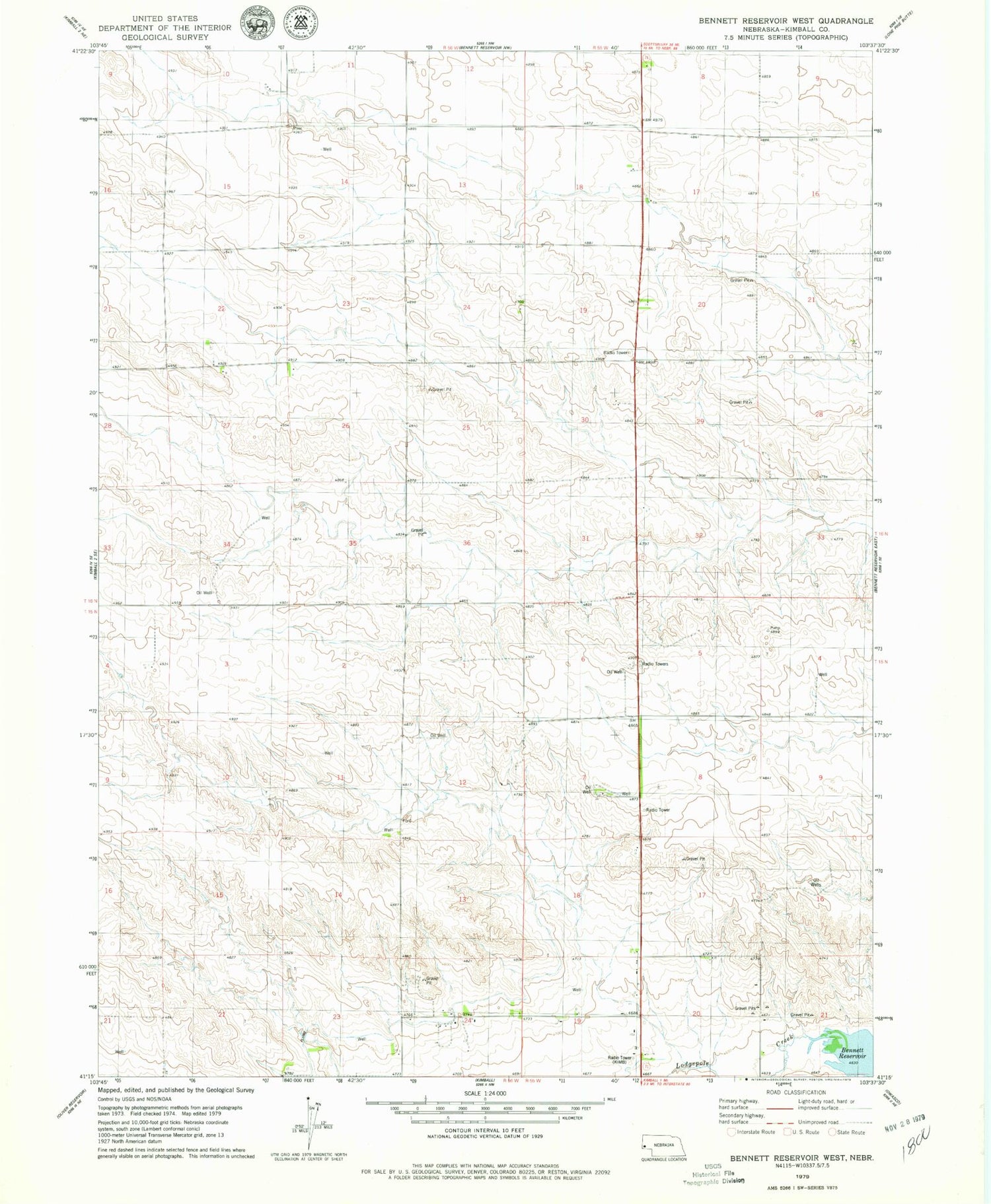 Classic USGS Bennett Reservoir West Nebraska 7.5'x7.5' Topo Map Image