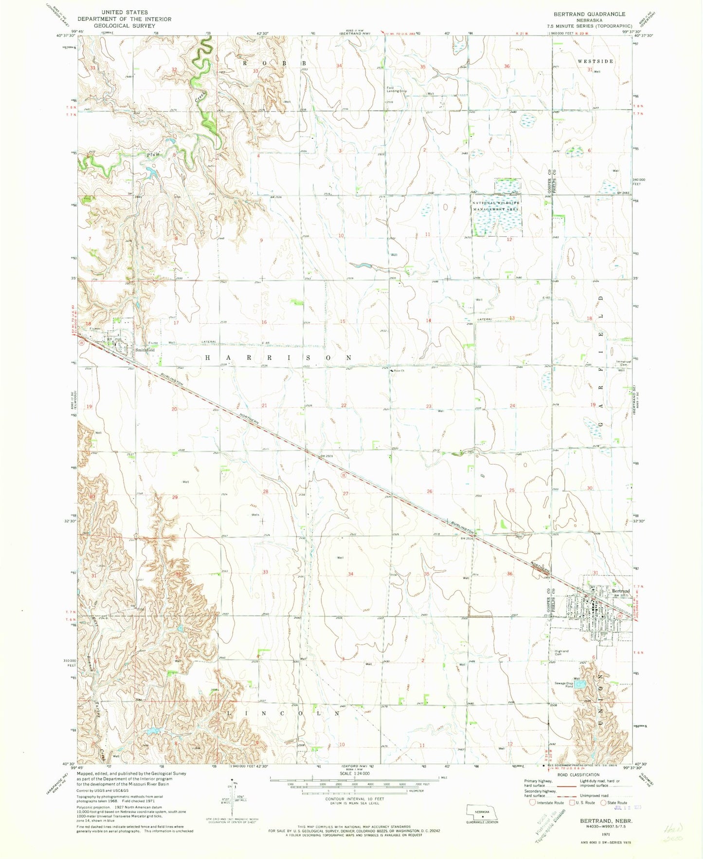 Classic USGS Bertrand Nebraska 7.5'x7.5' Topo Map Image