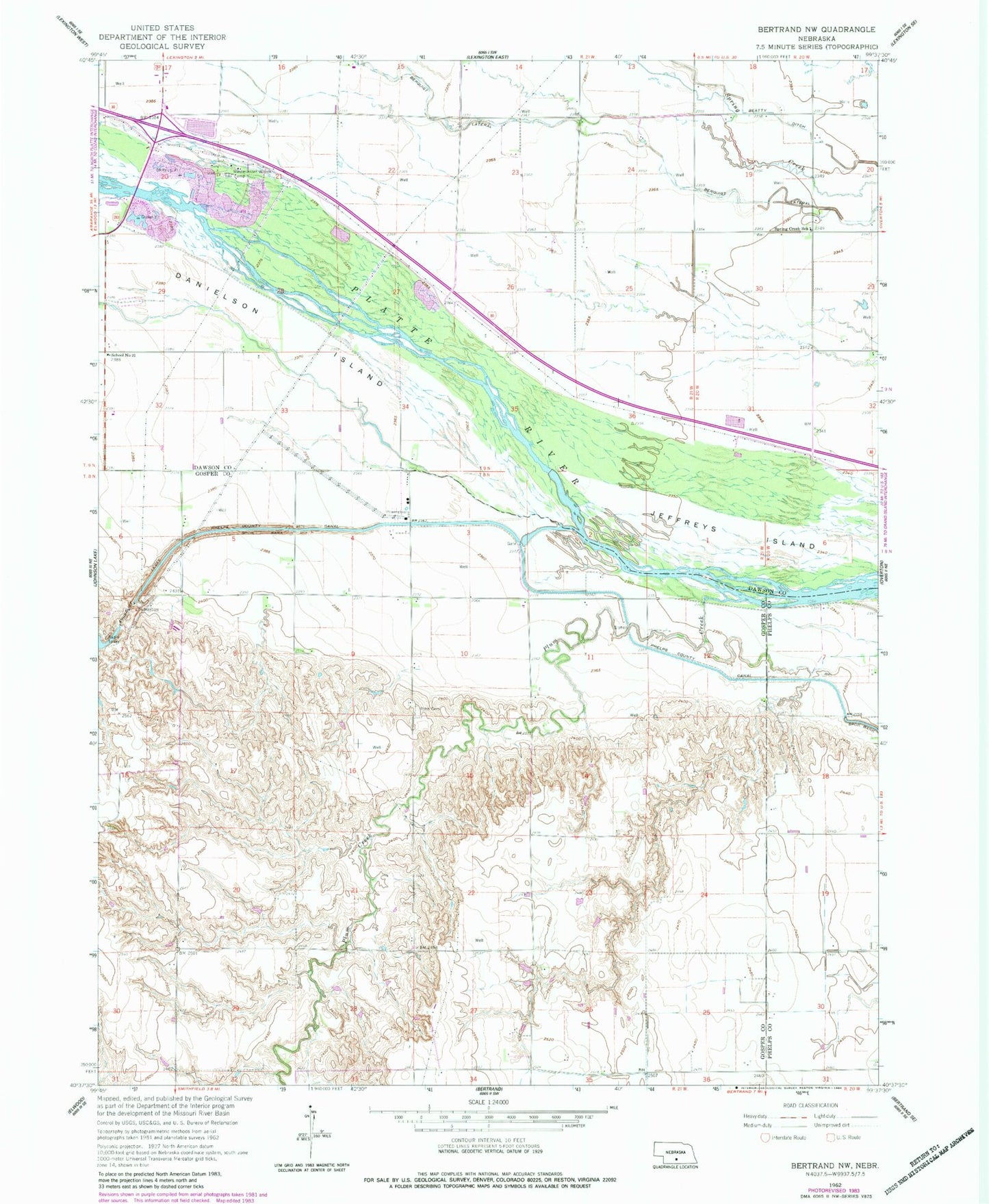 Classic USGS Bertrand NW Nebraska 7.5'x7.5' Topo Map Image