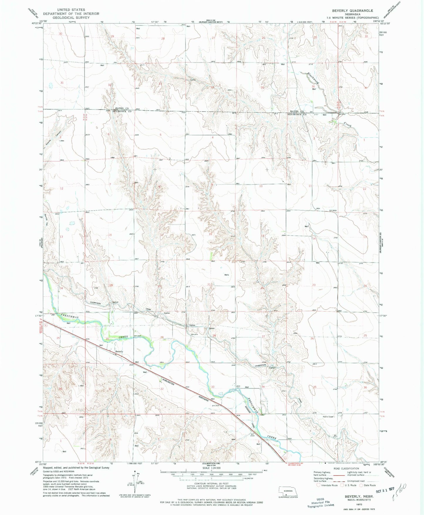 Classic USGS Beverly Nebraska 7.5'x7.5' Topo Map Image