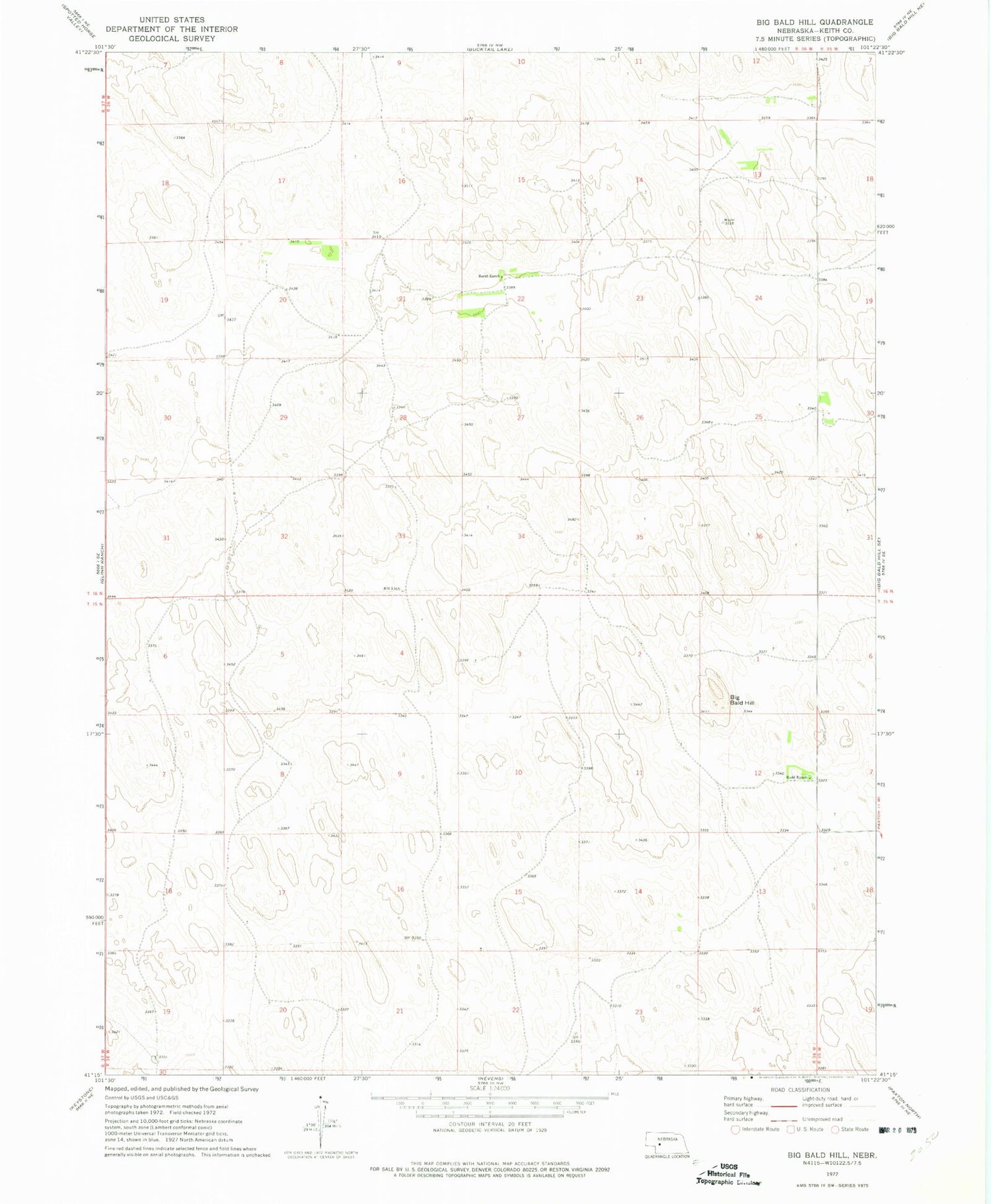 Classic USGS Big Bald Hill Nebraska 7.5'x7.5' Topo Map Image