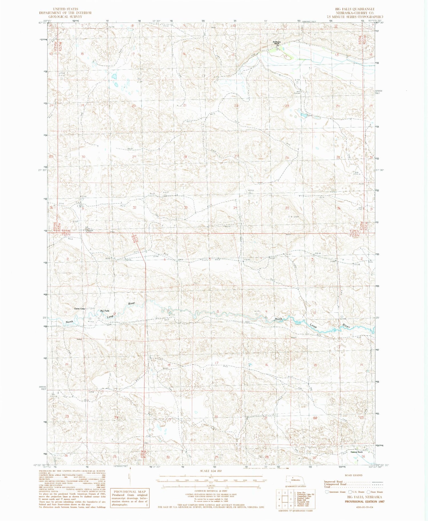 Classic USGS Big Falls Nebraska 7.5'x7.5' Topo Map Image