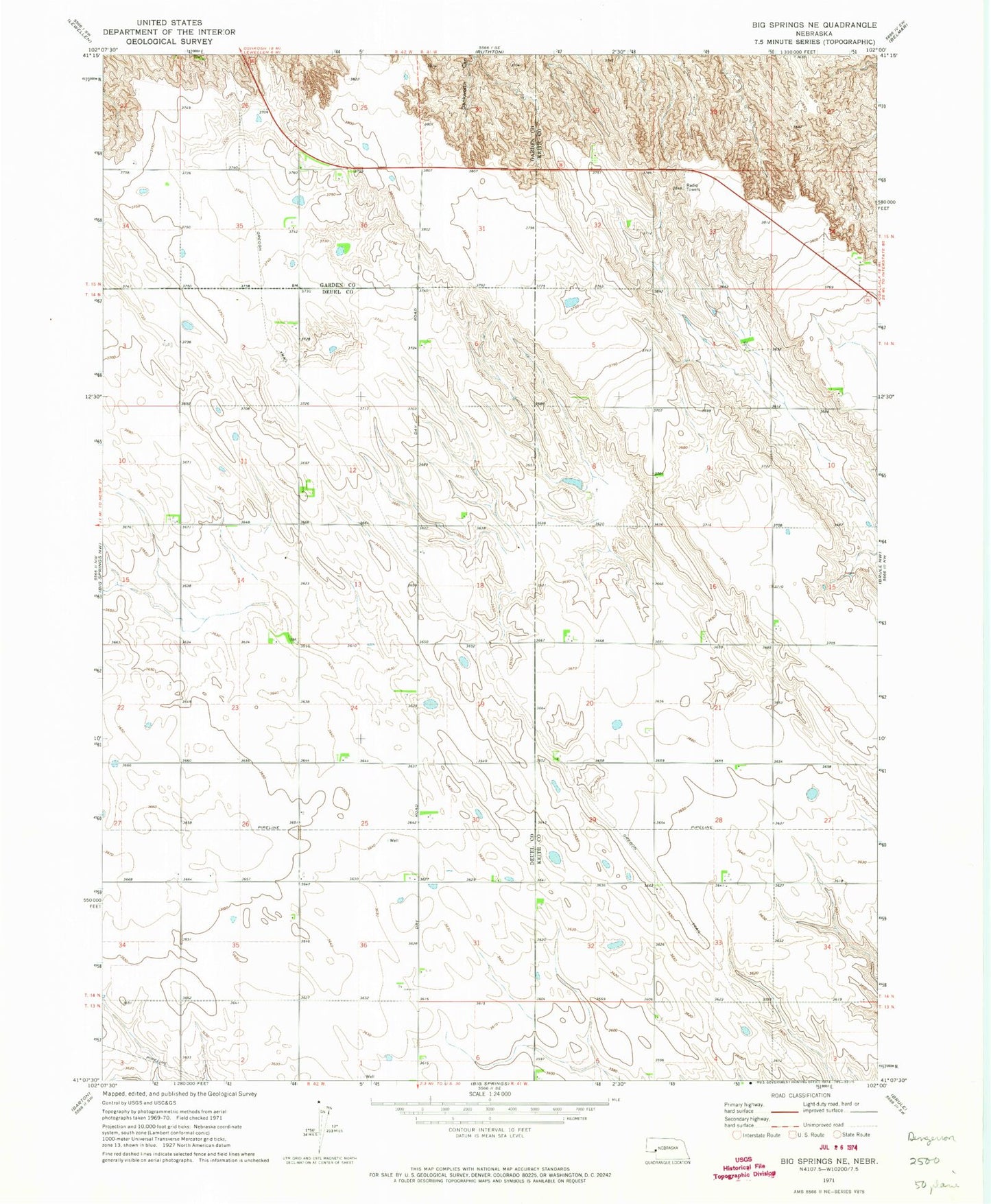 Classic USGS Big Springs NE Nebraska 7.5'x7.5' Topo Map Image