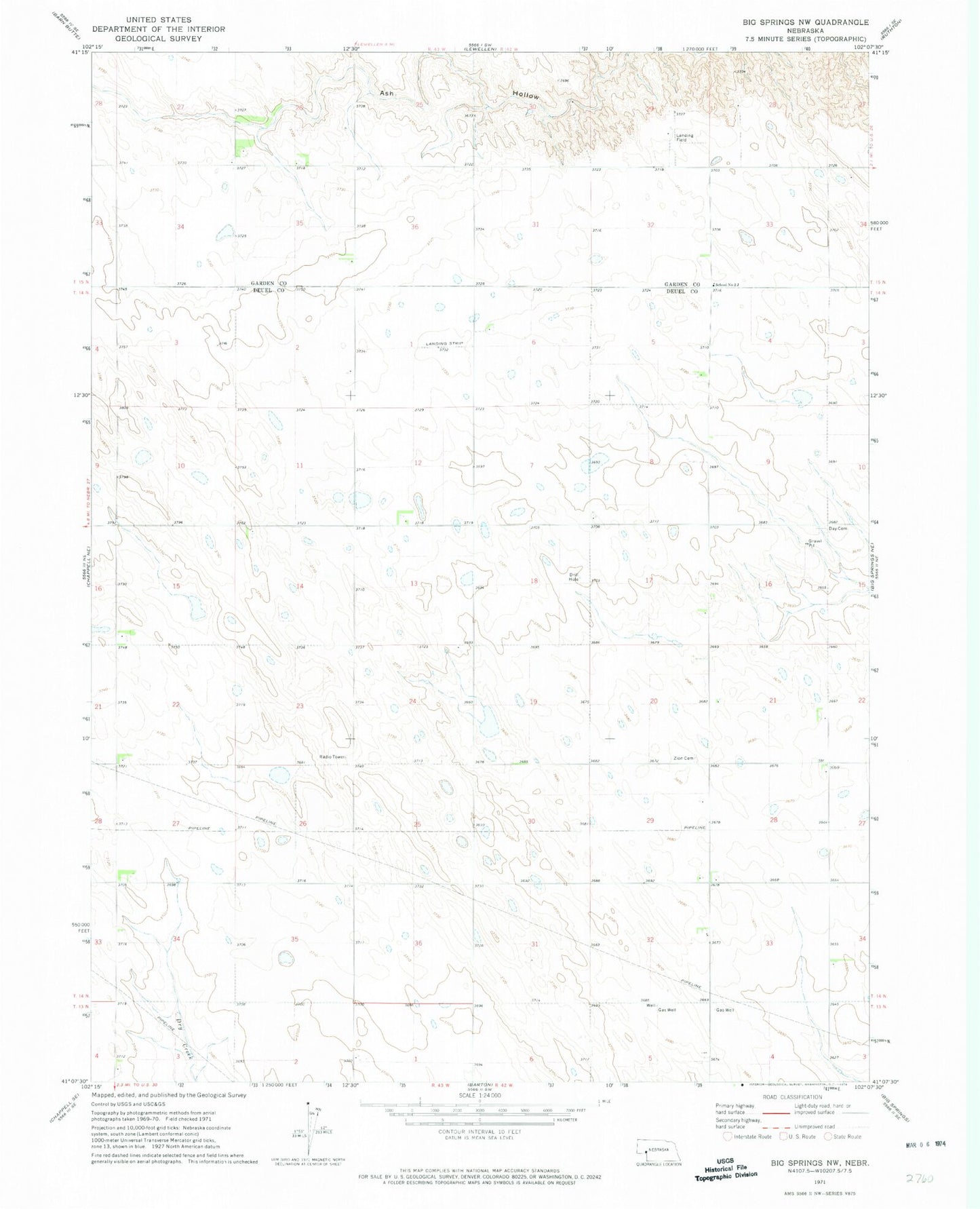 Classic USGS Big Springs NW Nebraska 7.5'x7.5' Topo Map Image