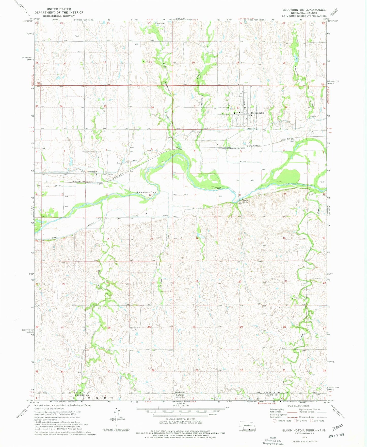Classic USGS Bloomington Nebraska 7.5'x7.5' Topo Map Image