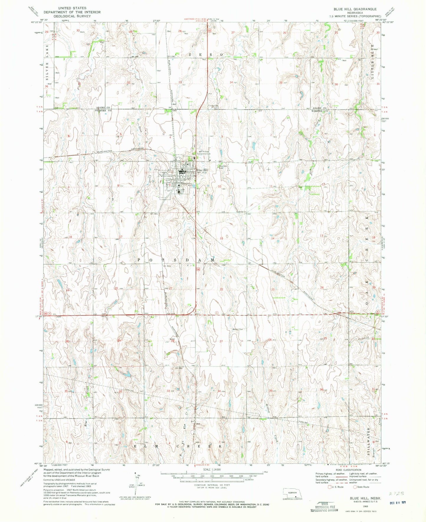 Classic USGS Blue Hill Nebraska 7.5'x7.5' Topo Map Image