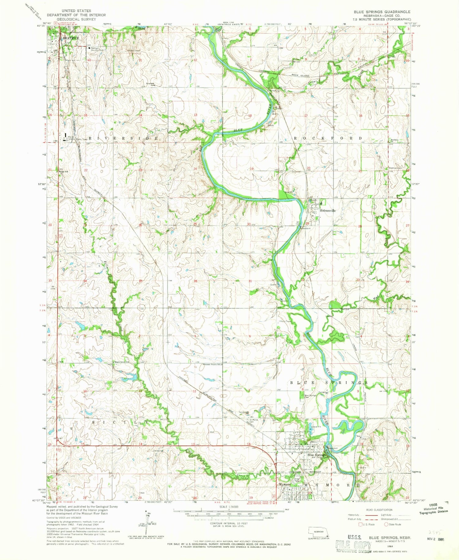 Classic USGS Blue Springs Nebraska 7.5'x7.5' Topo Map Image