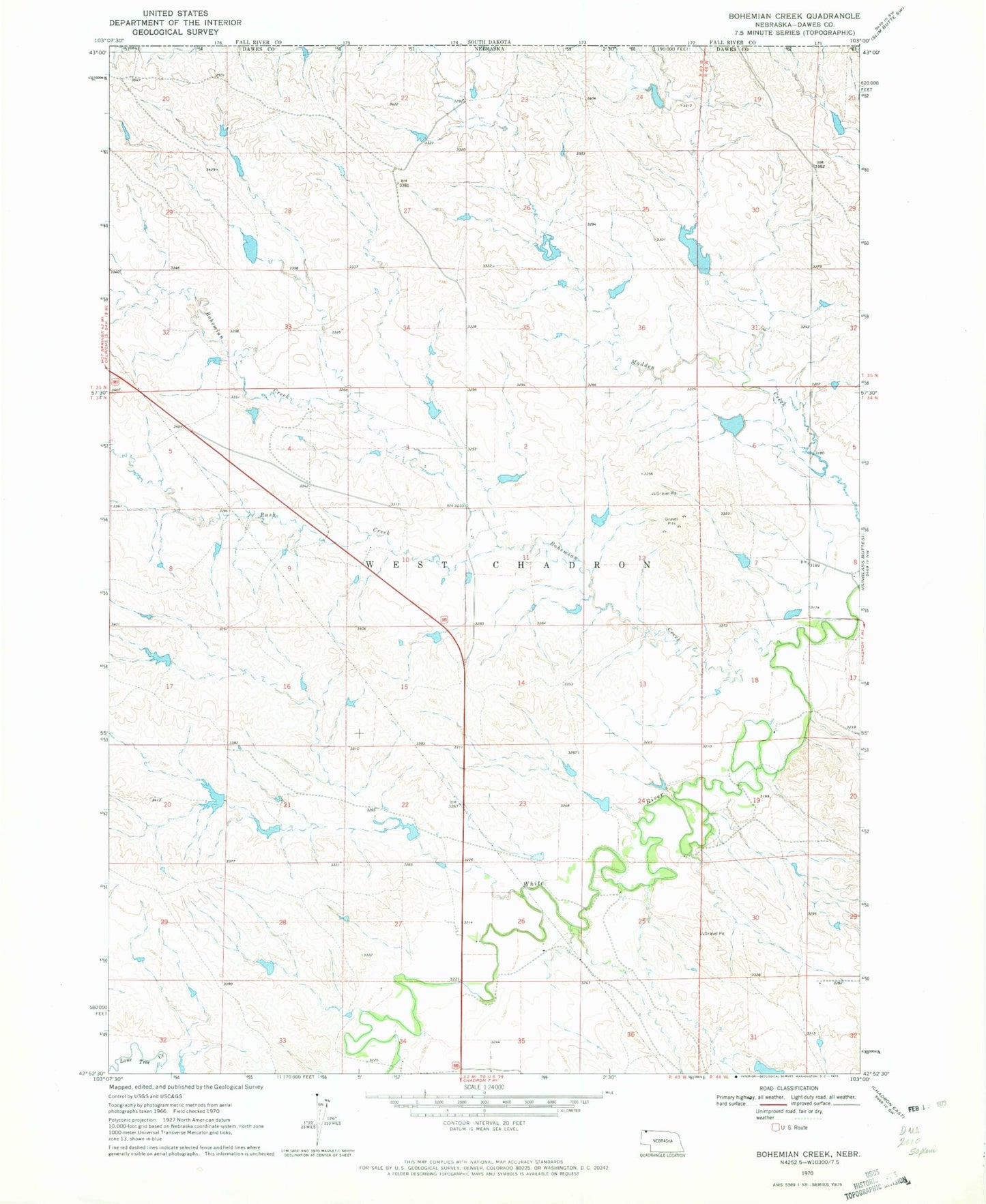 Classic USGS Bohemian Creek Nebraska 7.5'x7.5' Topo Map Image