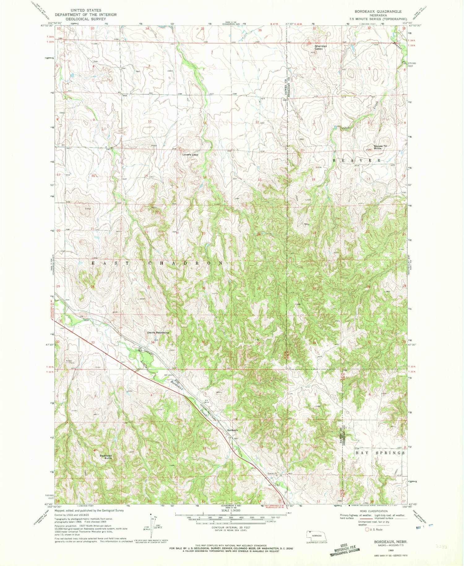 Classic USGS Bordeaux Nebraska 7.5'x7.5' Topo Map Image