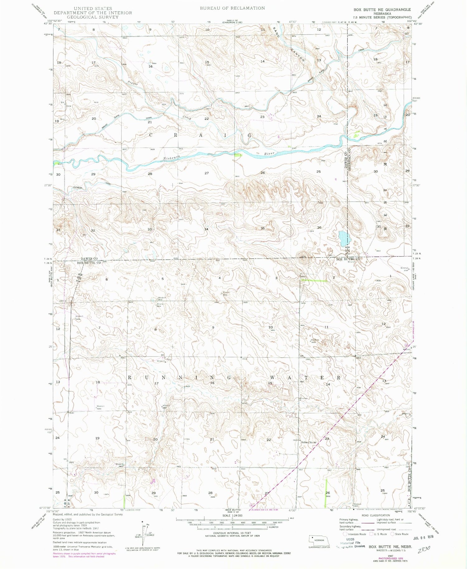 Classic USGS Box Butte NE Nebraska 7.5'x7.5' Topo Map Image