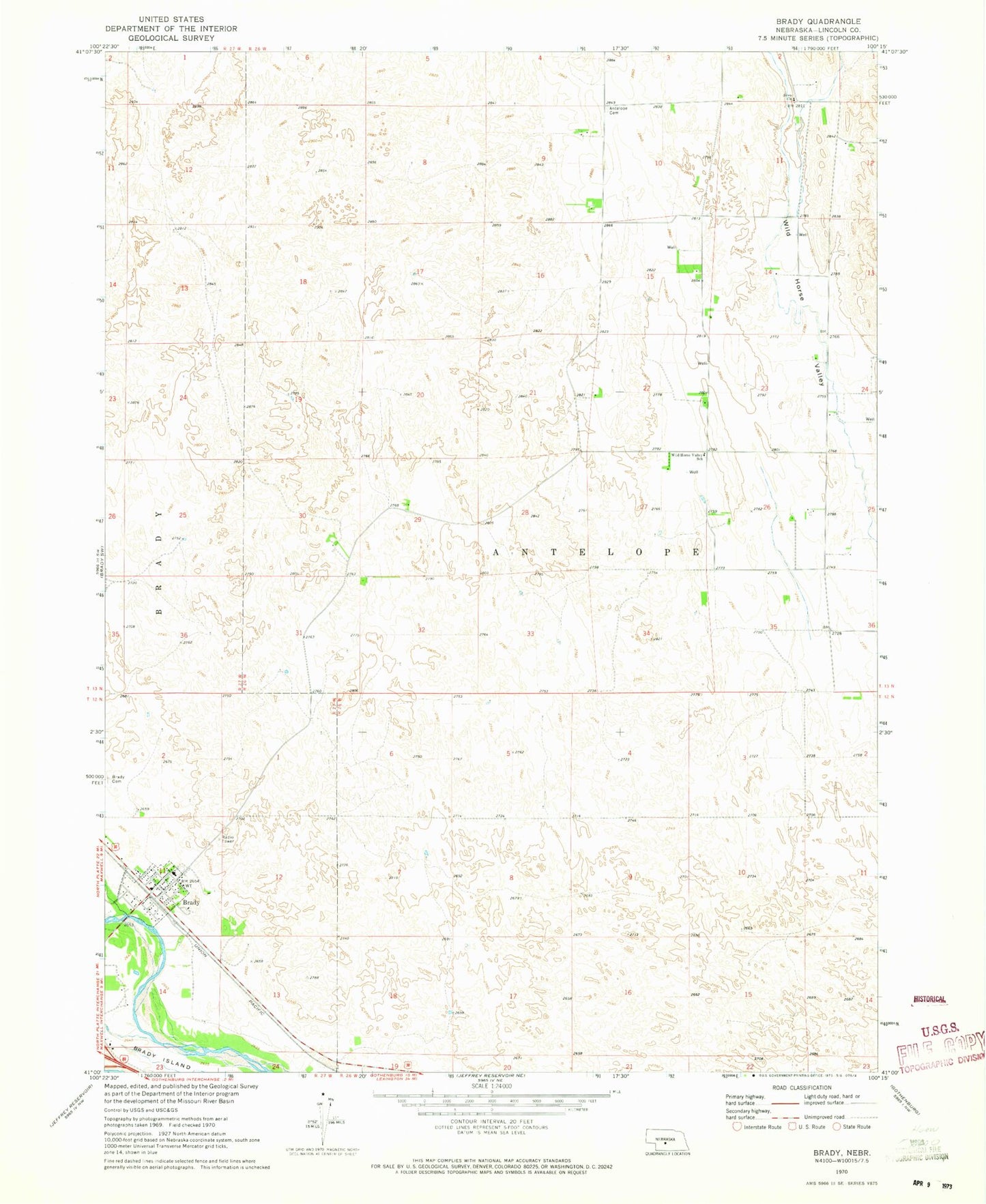Classic USGS Brady Nebraska 7.5'x7.5' Topo Map Image