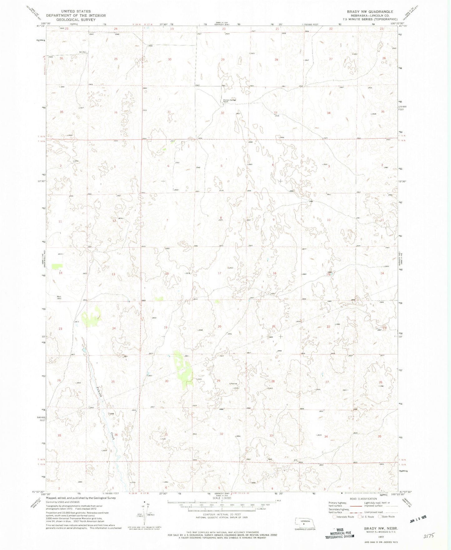 Classic USGS Brady NW Nebraska 7.5'x7.5' Topo Map Image