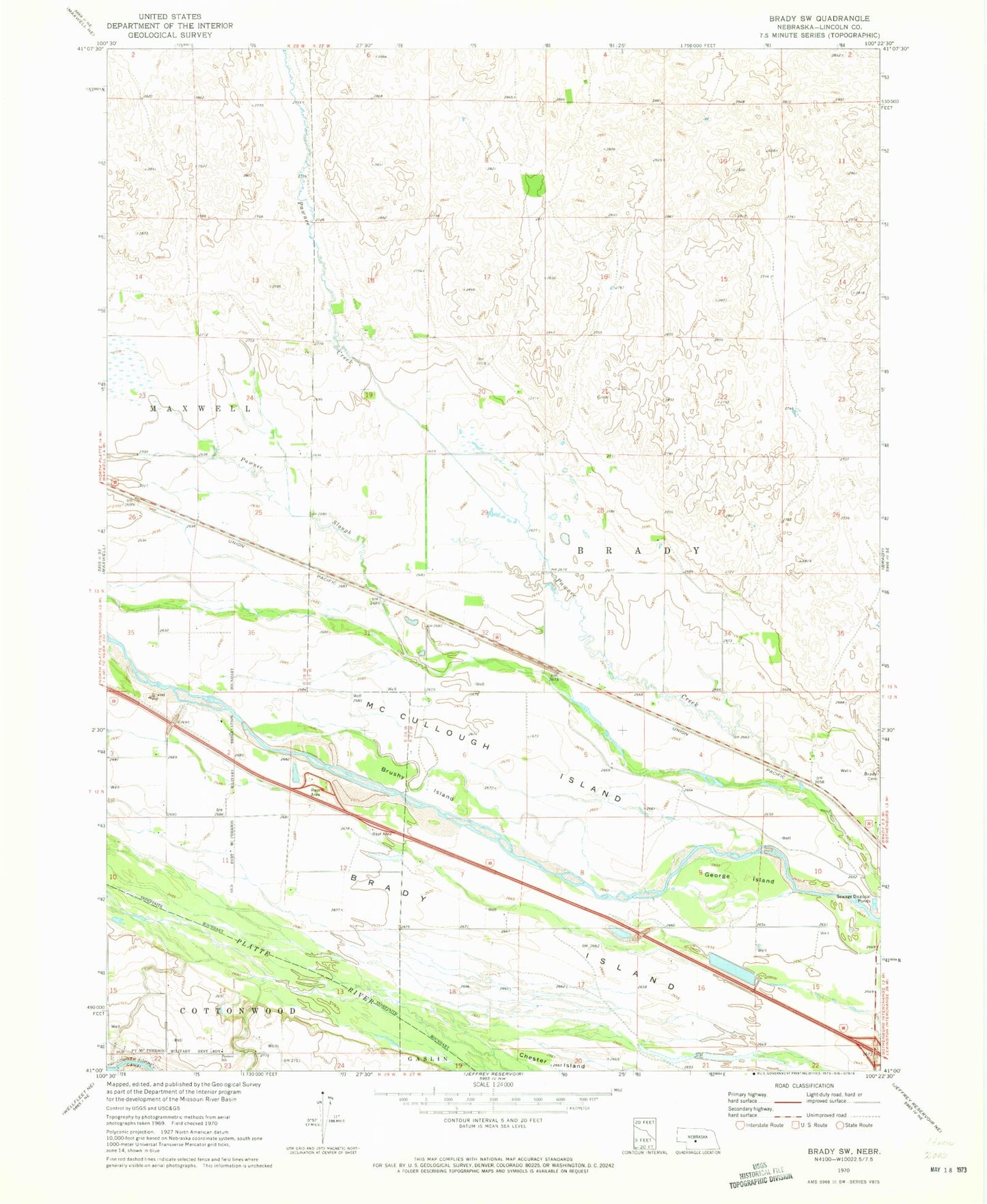 Classic USGS Brady SW Nebraska 7.5'x7.5' Topo Map Image