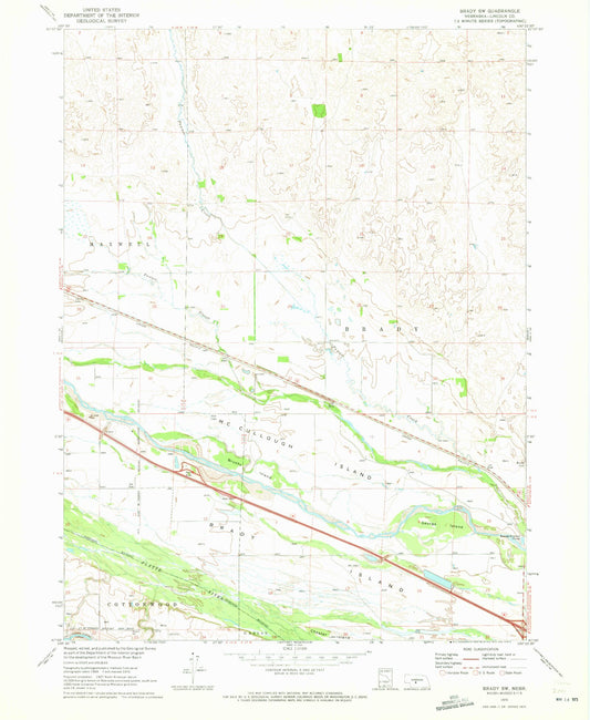Classic USGS Brady SW Nebraska 7.5'x7.5' Topo Map Image