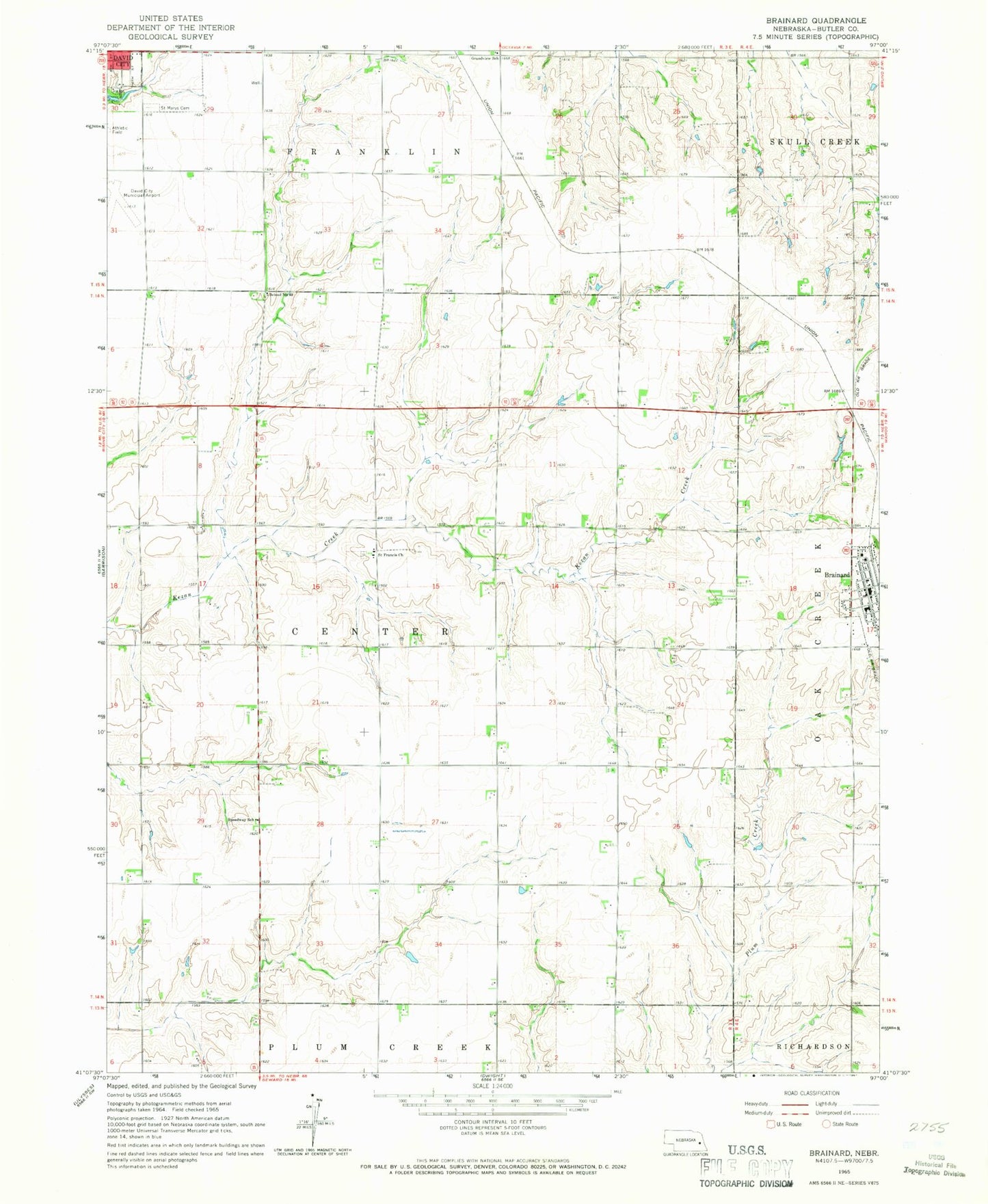 Classic USGS Brainard Nebraska 7.5'x7.5' Topo Map Image