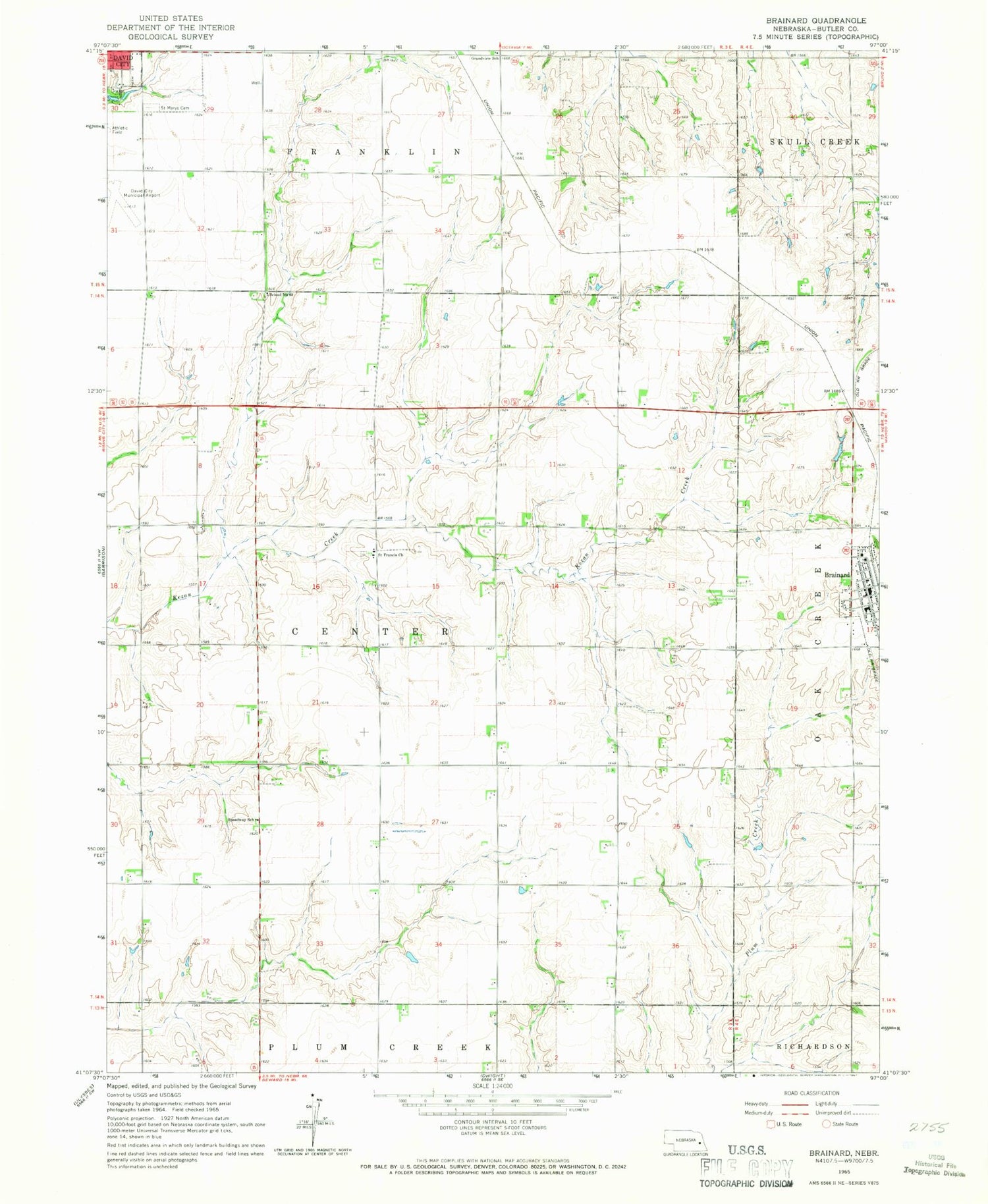 Classic USGS Brainard Nebraska 7.5'x7.5' Topo Map Image
