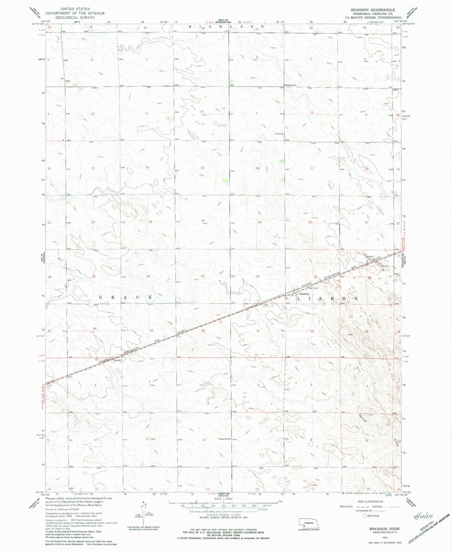 Classic USGS Brandon Nebraska 7.5'x7.5' Topo Map Image