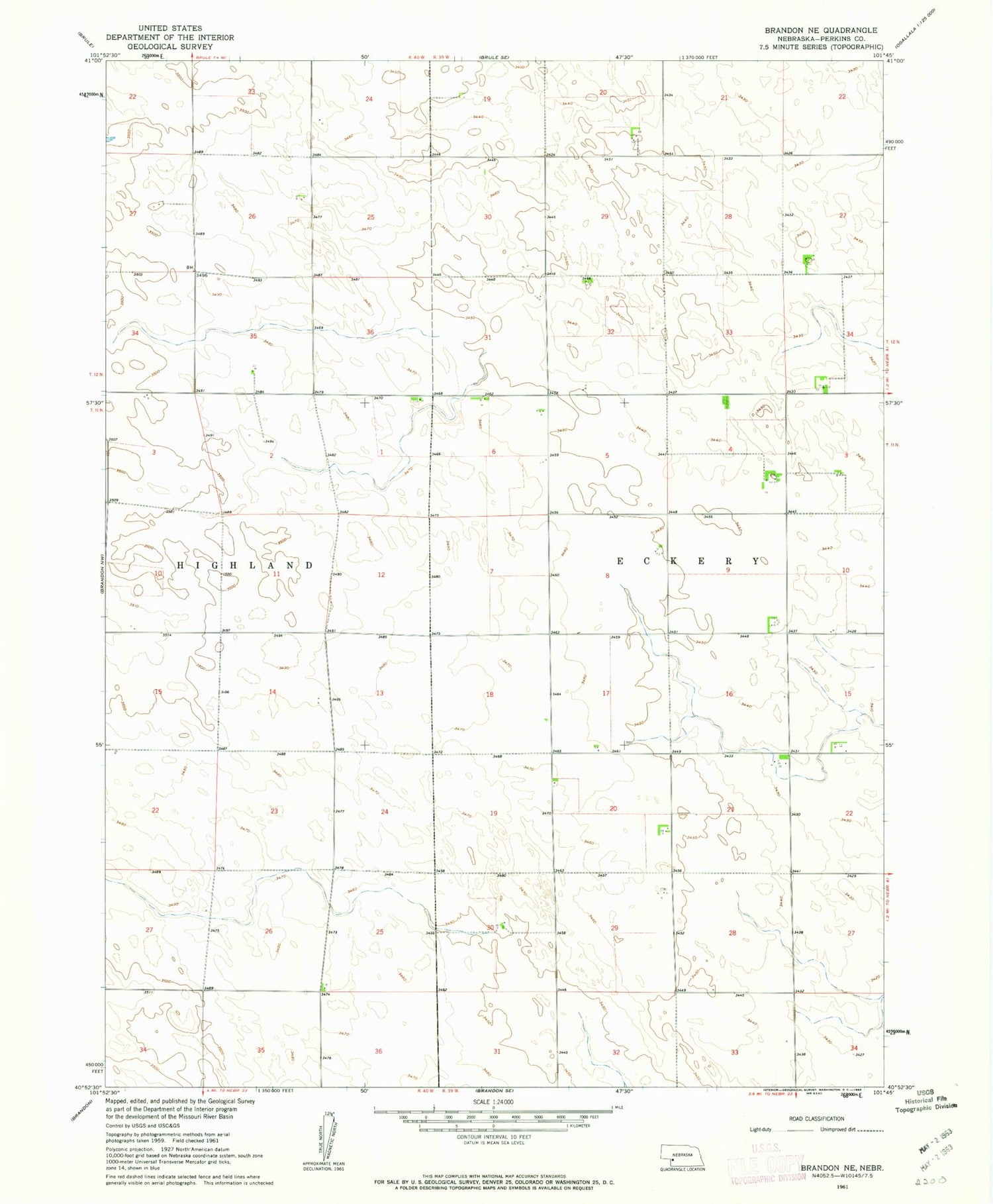 Classic USGS Brandon NE Nebraska 7.5'x7.5' Topo Map Image