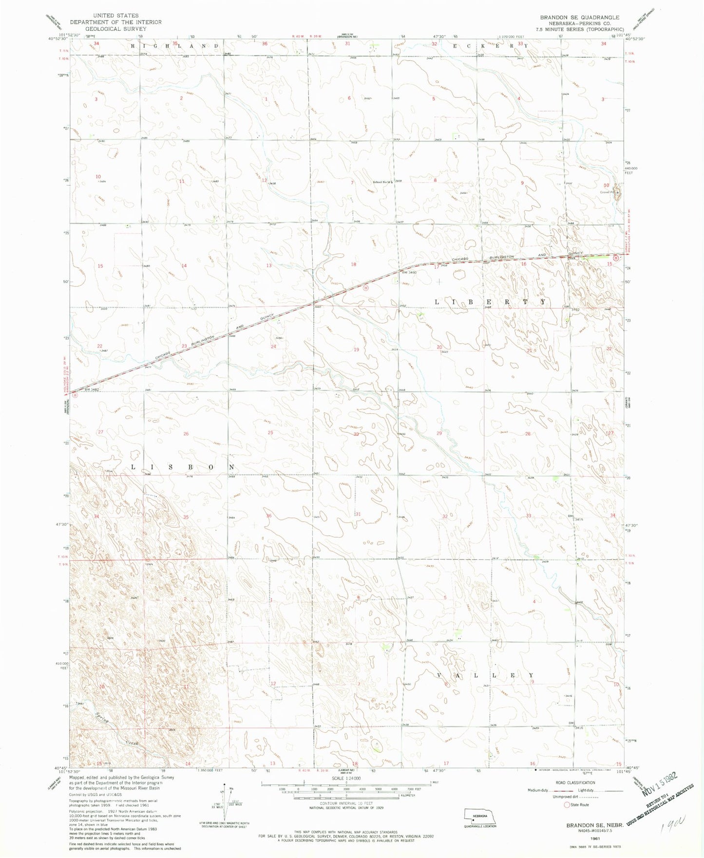 Classic USGS Brandon SE Nebraska 7.5'x7.5' Topo Map Image