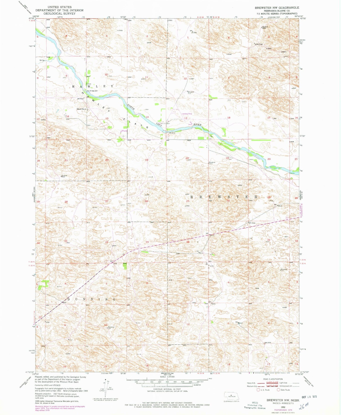 Classic USGS Brewster NW Nebraska 7.5'x7.5' Topo Map Image