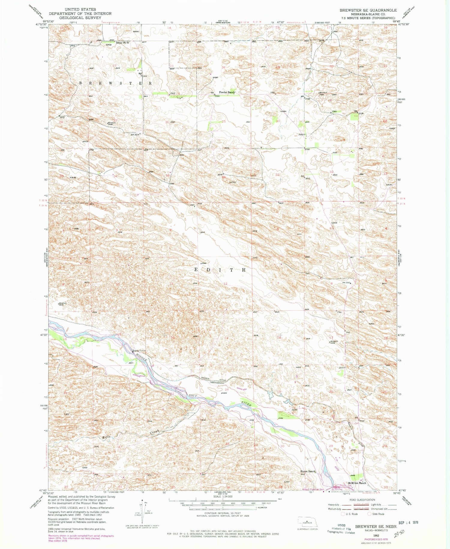 Classic USGS Brewster SE Nebraska 7.5'x7.5' Topo Map Image