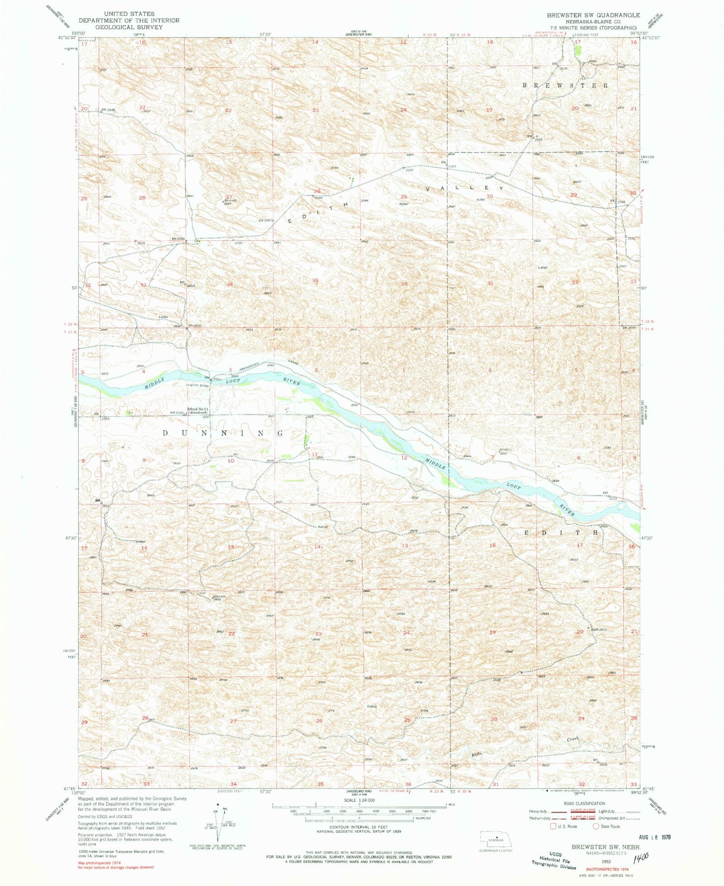 Classic USGS Brewster SW Nebraska 7.5'x7.5' Topo Map Image