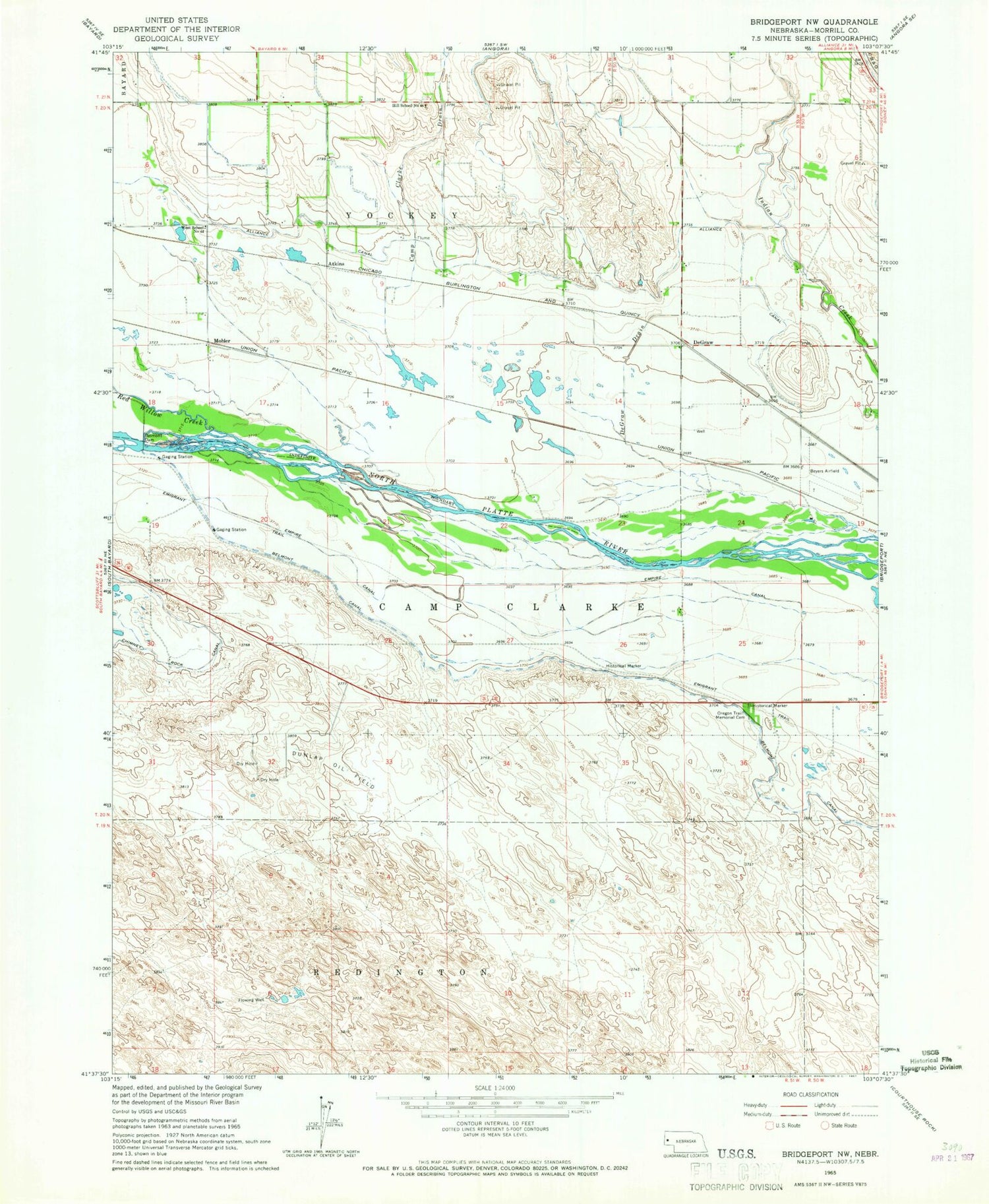 Classic USGS Bridgeport NW Nebraska 7.5'x7.5' Topo Map Image
