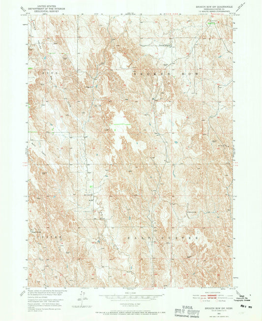 Classic USGS Broken Bow SW Nebraska 7.5'x7.5' Topo Map Image