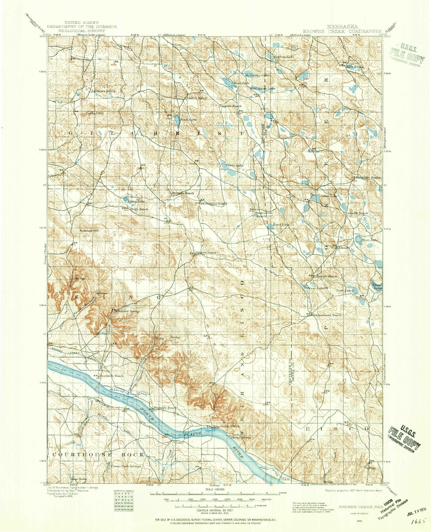 Historic 1896 Browns Creek Nebraska 30'x30' Topo Map Image