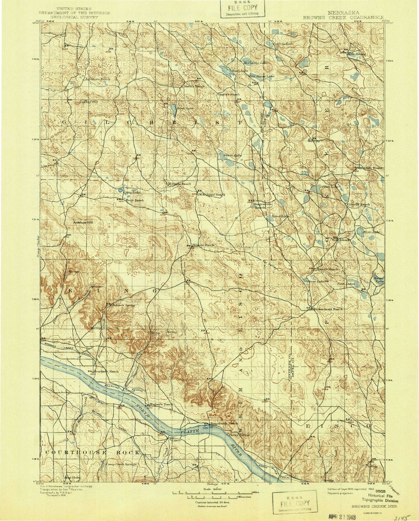 Historic 1899 Browns Creek Nebraska 30'x30' Topo Map Image