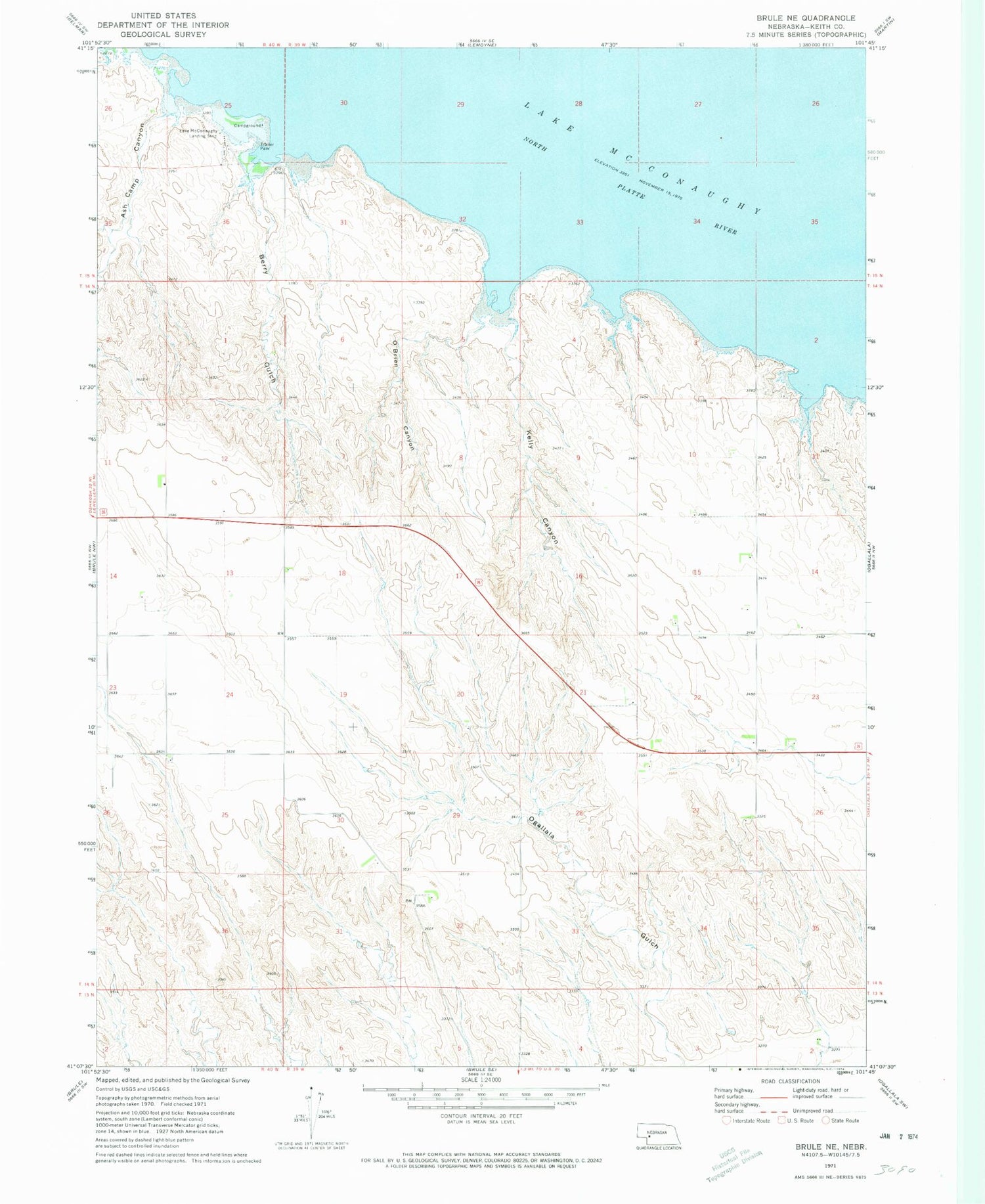 Classic USGS Brule NE Nebraska 7.5'x7.5' Topo Map Image