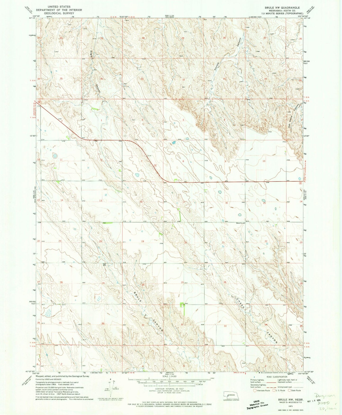 Classic USGS Brule NW Nebraska 7.5'x7.5' Topo Map Image